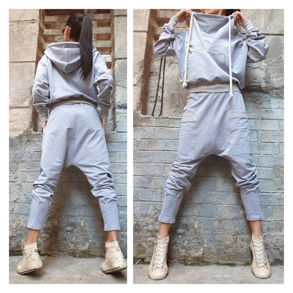 Cotton Hooded Blouse: Sport Elegant Grey Long Sleeve Top