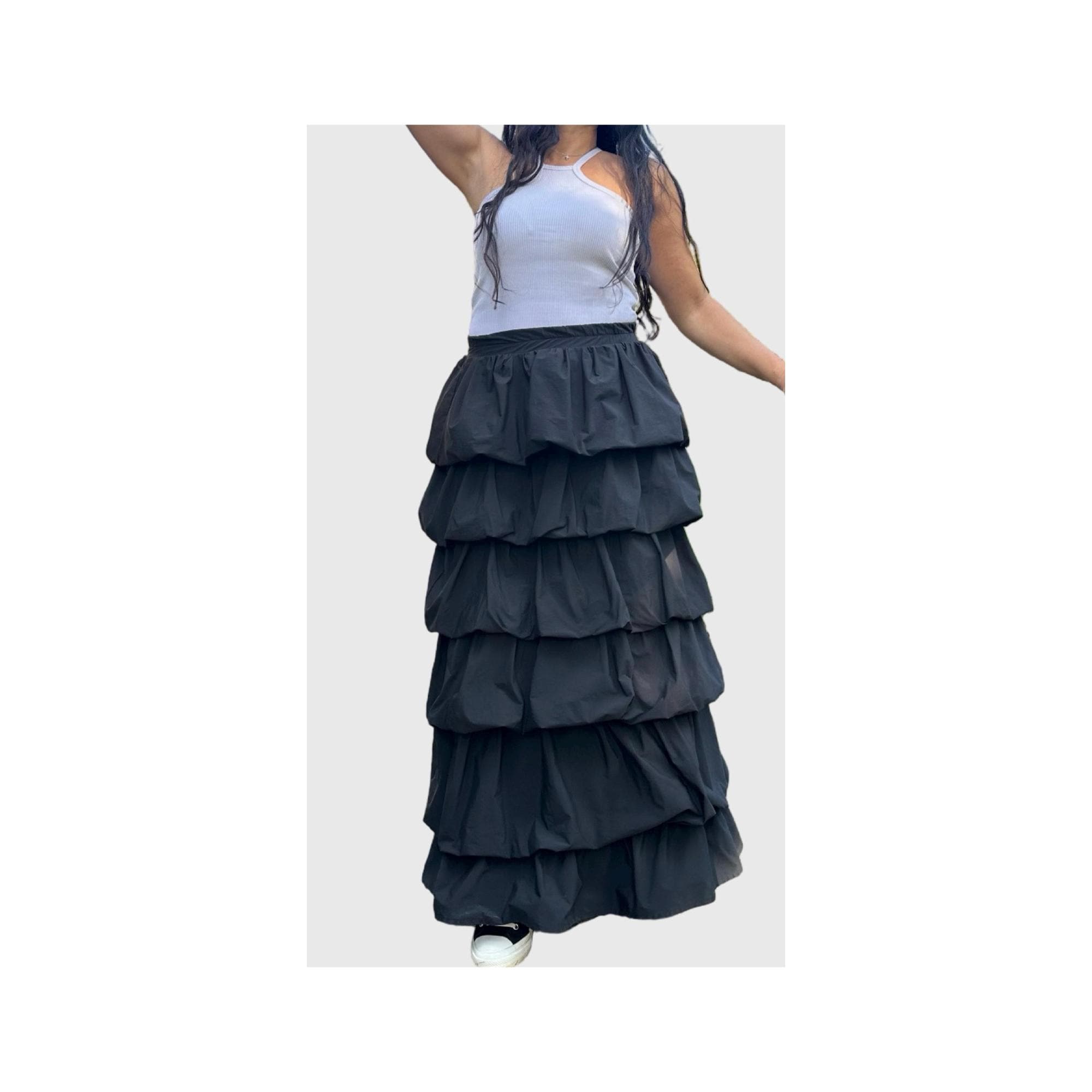 Black Ruffled Maxi Skirt – High Waist Lightweight Nylon with Elastic Tiers