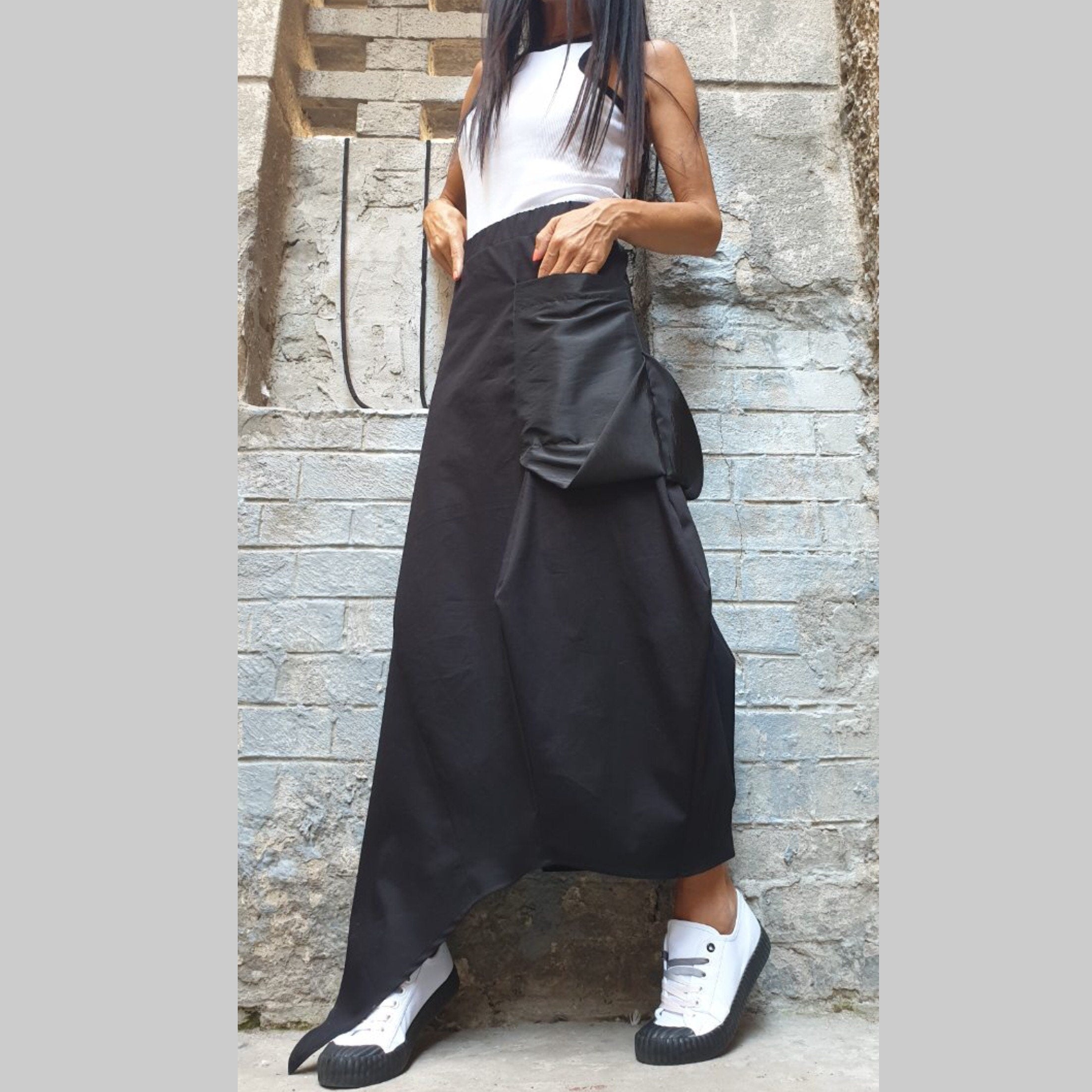 Asymmetric Black Maxi Skirt with Pocket – Avant-Garde High Waist Cotton Skirt