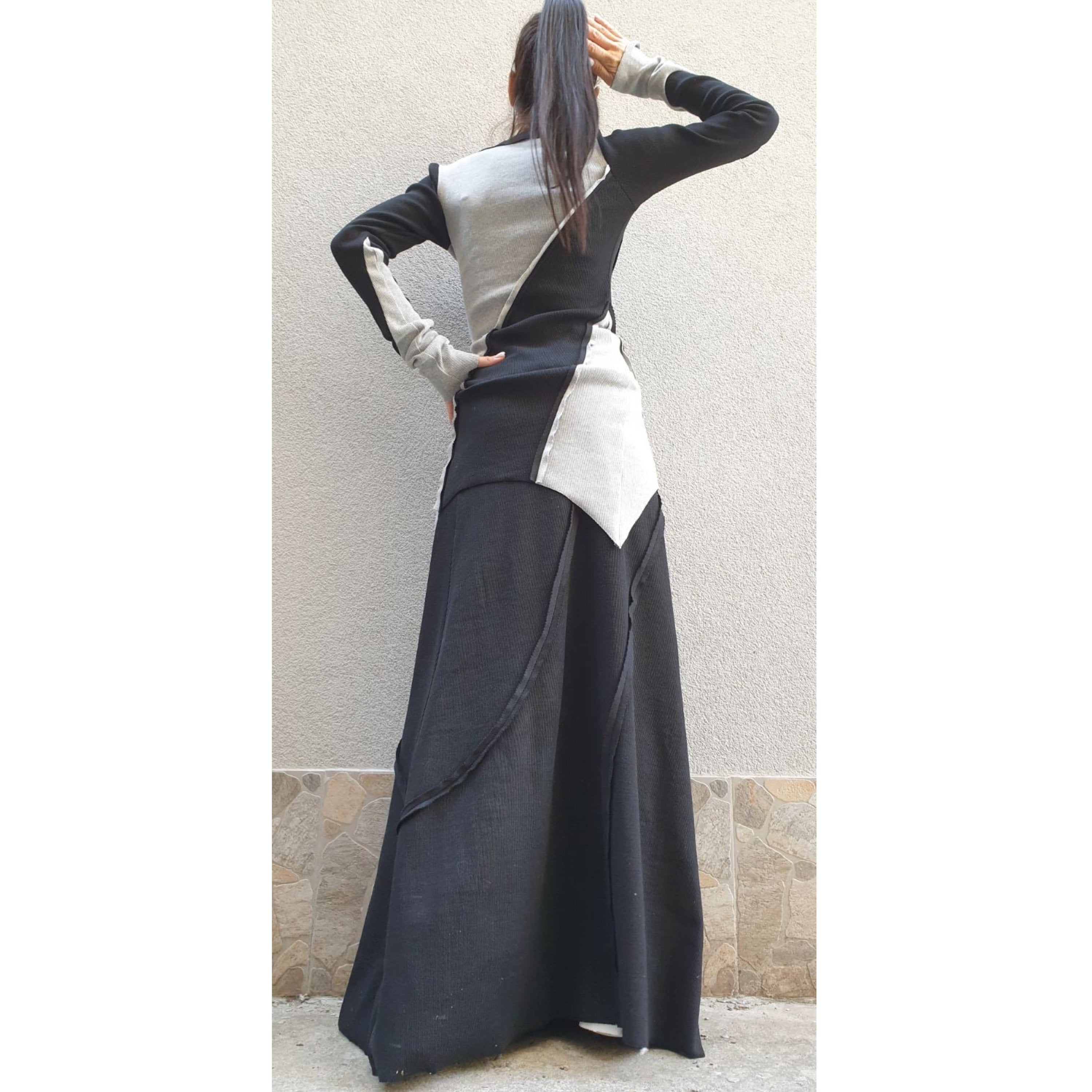 Asymmetric Cotton Set – Long Sleeve Top and Maxi Skirt / Black Grey Two-Piece Outfit / Avantgarde Women’s Clothing