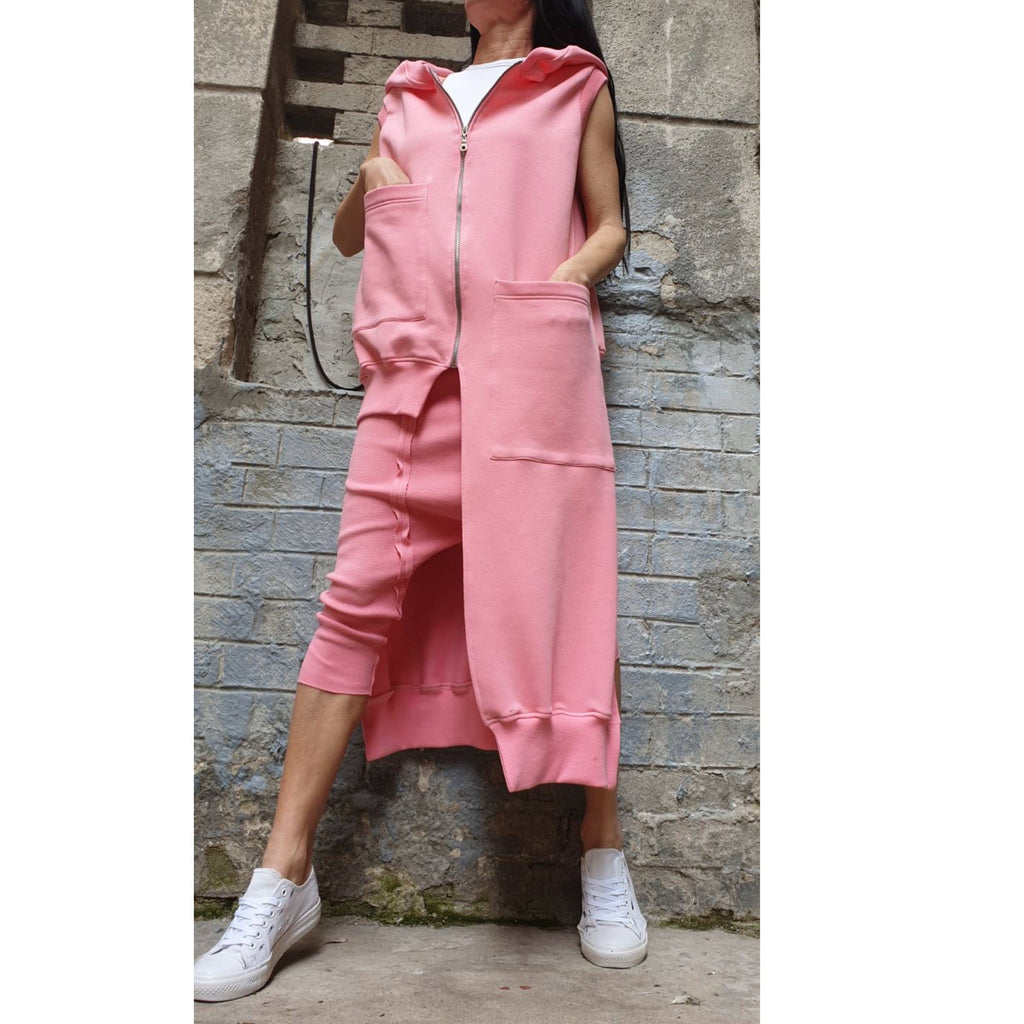 Pink Asymmetric Hooded Vest & Harem Pants Set – Warm Cotton Fleece Outfit / Avant-Garde Urban Two Piece