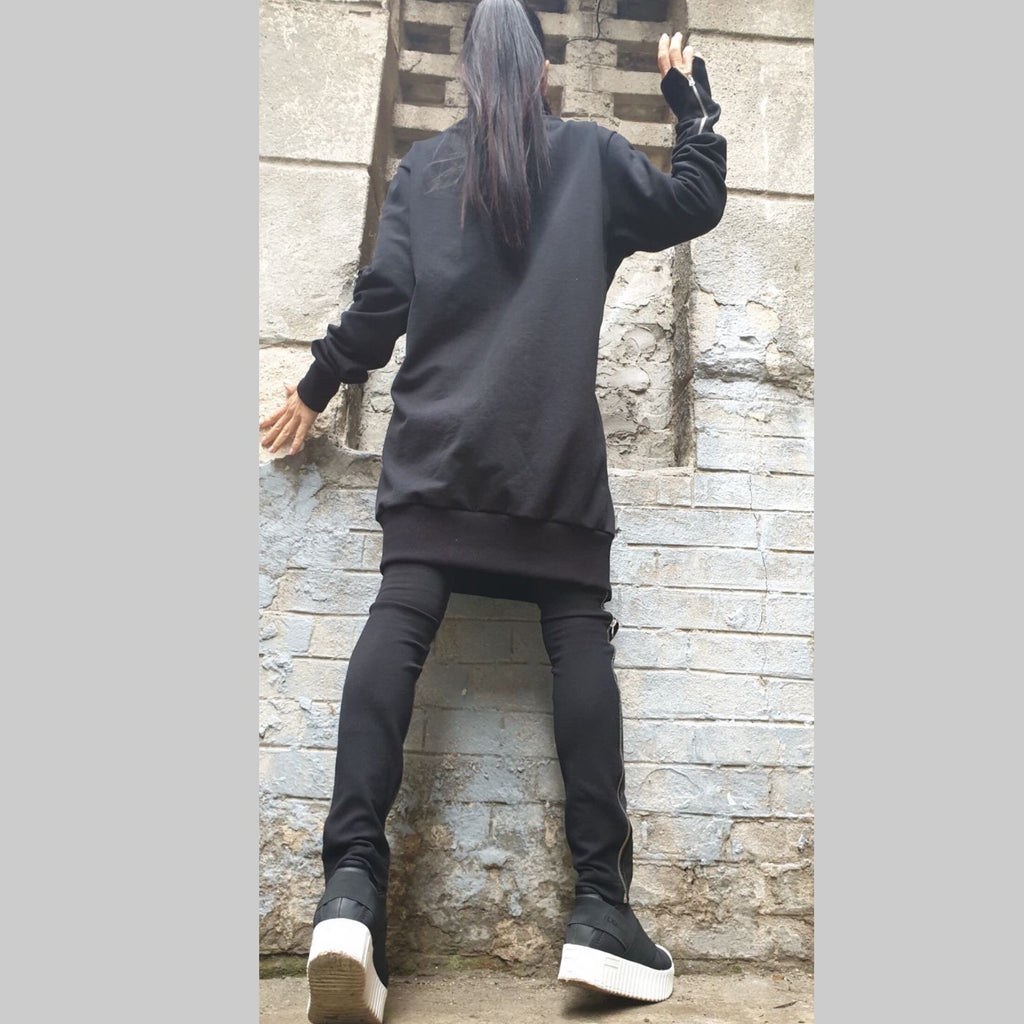 Asymmetric Black Cotton Tunic with Zipper / High Collar Long Blouse / Avant-Garde Urban Top for Women