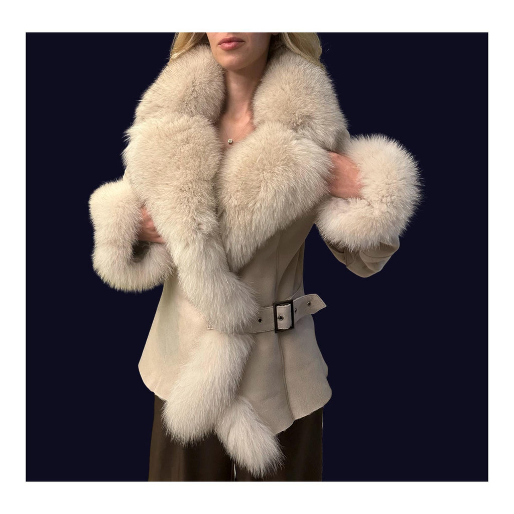 Black Shearling Coat with Fox Fur Collar and Cuffs