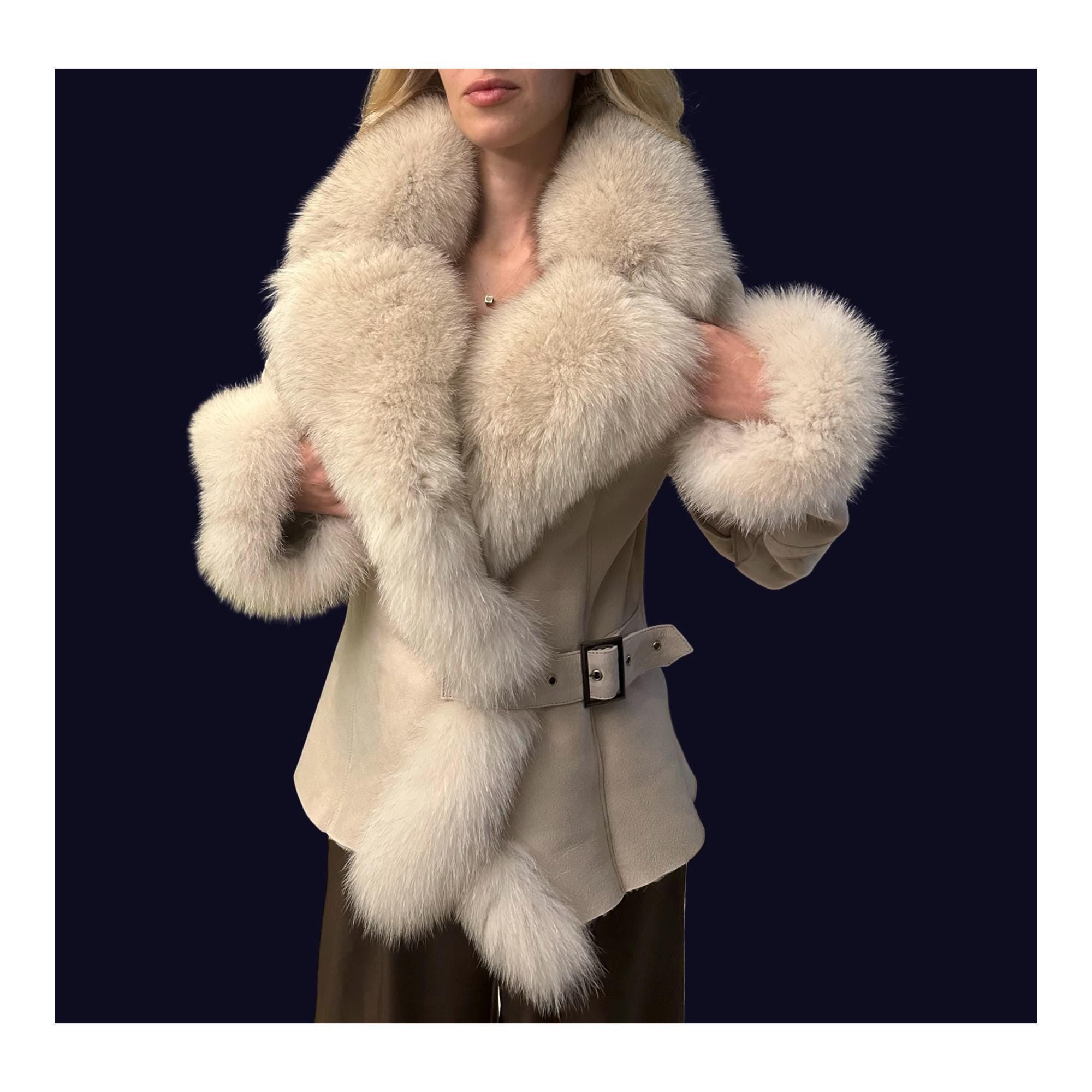 Black Shearling Coat with Fox Fur Collar and Cuffs
