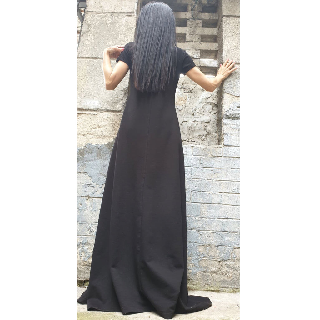 Asymmetric Maxi Black Dress – Long Cotton Dress with Side Slit / Urban Elegant Evening Dress / Short Sleeve Summer Dress