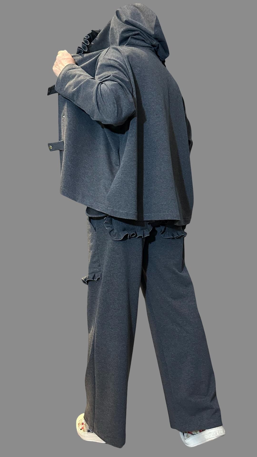 Ruffle Trim Cotton Tracksuit /  Asymmetric Hoodie & High-Waisted Pants / Two-Piece Women’s Streetwear Set