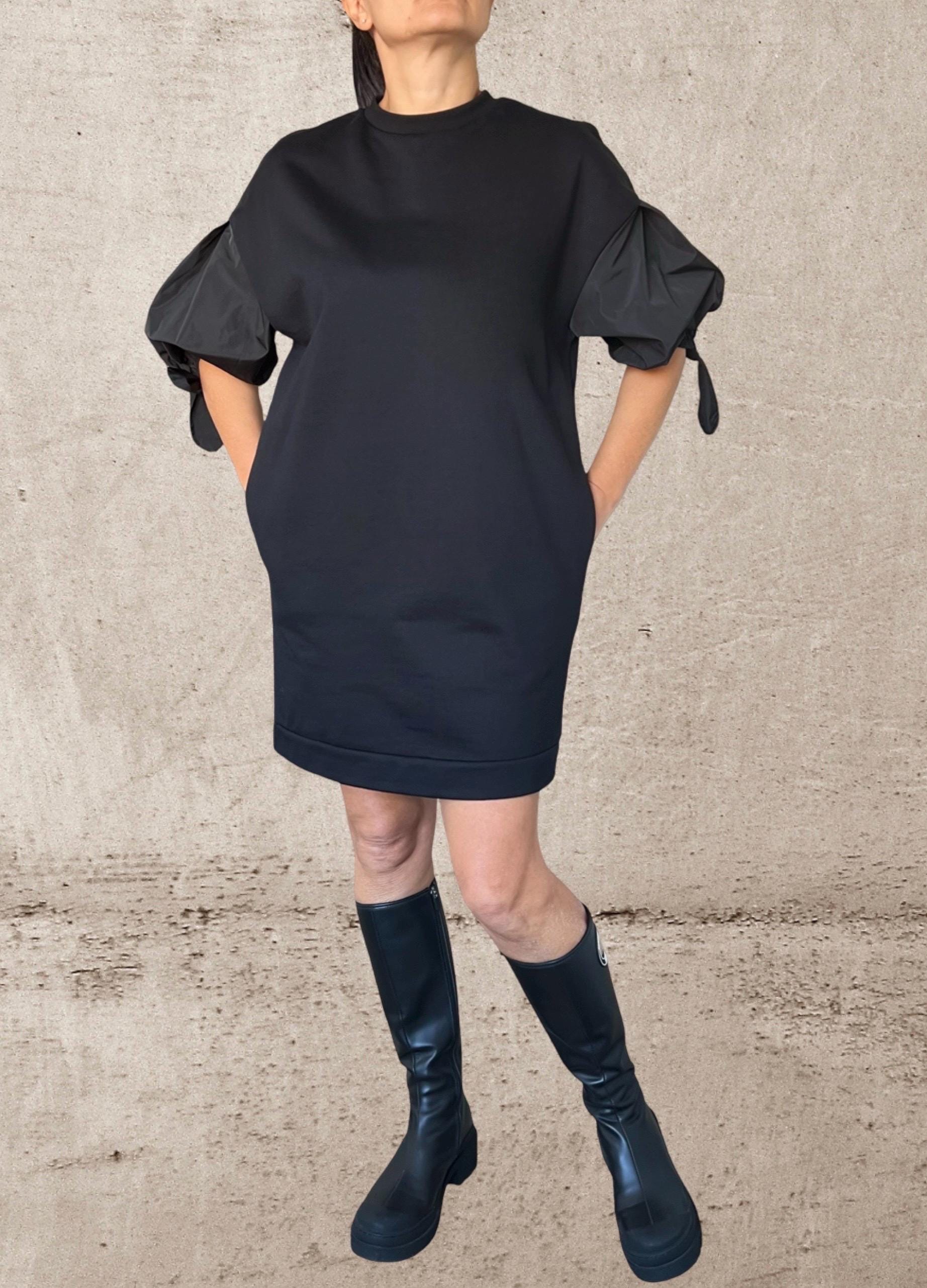 Black Cotton Tunic Dress with Balloon Sleeves – Short Puff Sleeve Dress – Oversized Minimalist Tunic – Handmade Custom XS–5XL