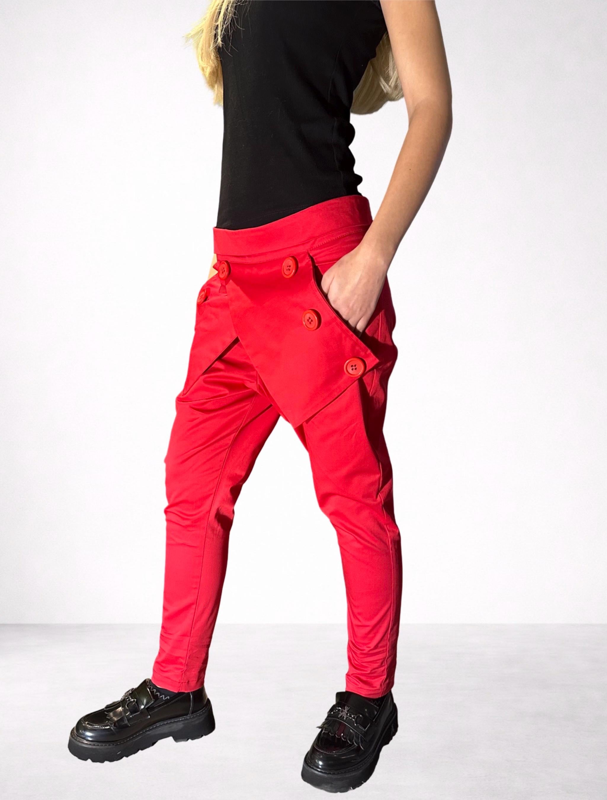 Red Cotton Pants with Asymmetrical Front Detail / Front Pockets / Casual Drop Crotch Trousers
