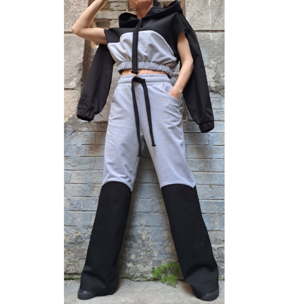 Urban Two-Piece Cotton Set – Cropped Hooded Top & High Waist Pants / Grey and Black Women’s Outfit