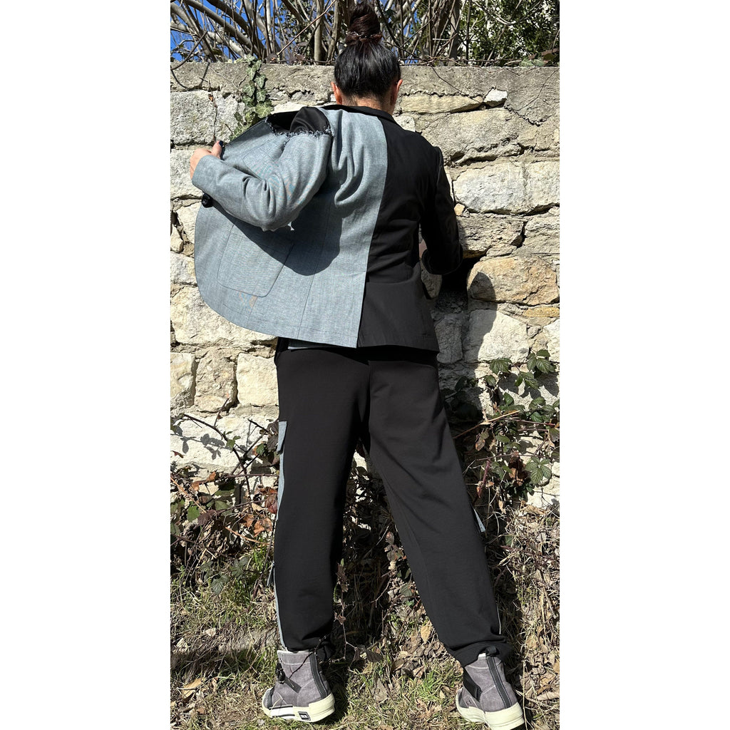 Women’s Two-Piece Suit – Cotton & Denim Blazer and Pants Set / Asymmetric Urban Style