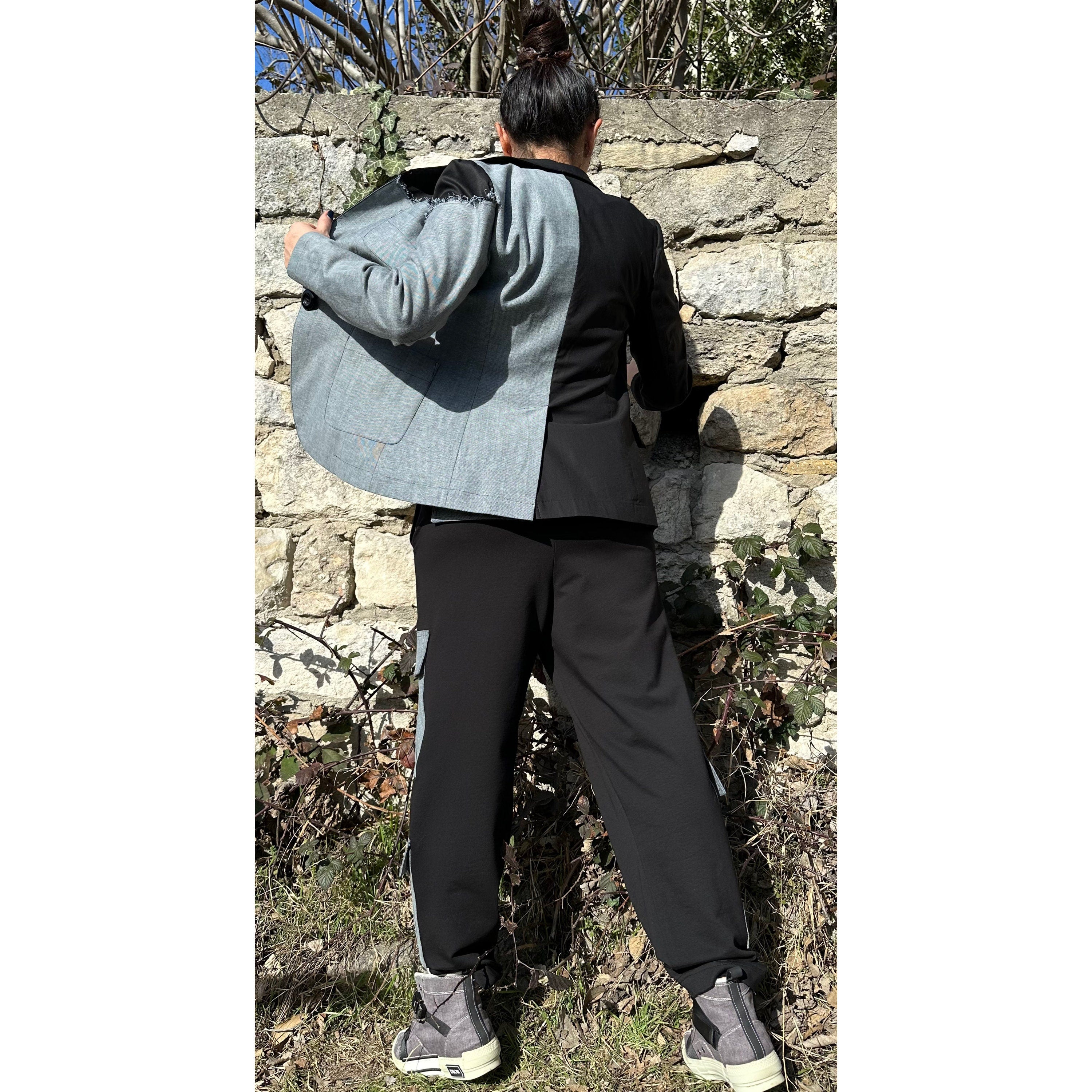 Women’s Two-Piece Suit – Cotton & Denim Blazer and Pants Set / Asymmetric Urban Style