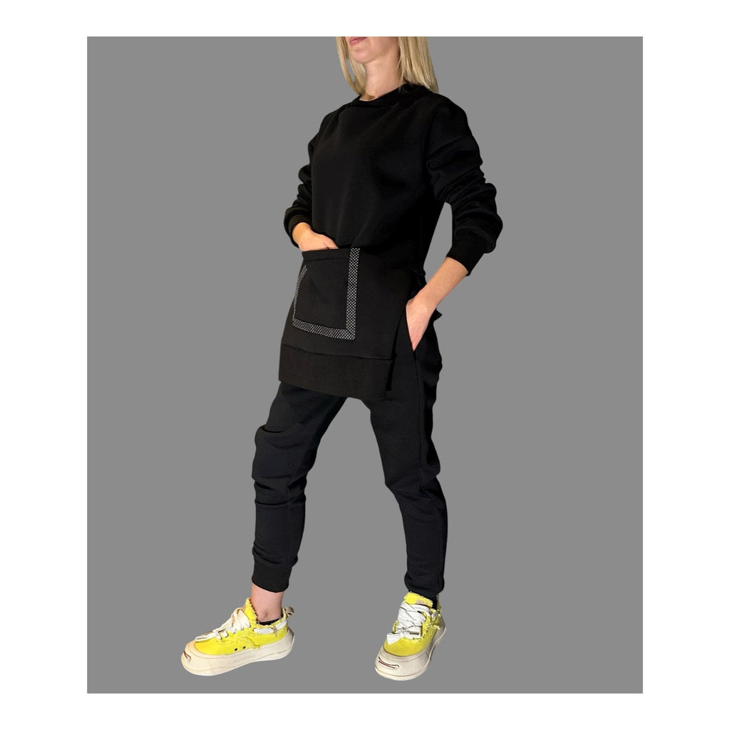 Women’s Winter Fleece Set – Asymmetric Sweatshirt & High-Waisted Joggers / Thick Three-Thread Cotton Tracksuit / Warm Black Two-Piece Outfit