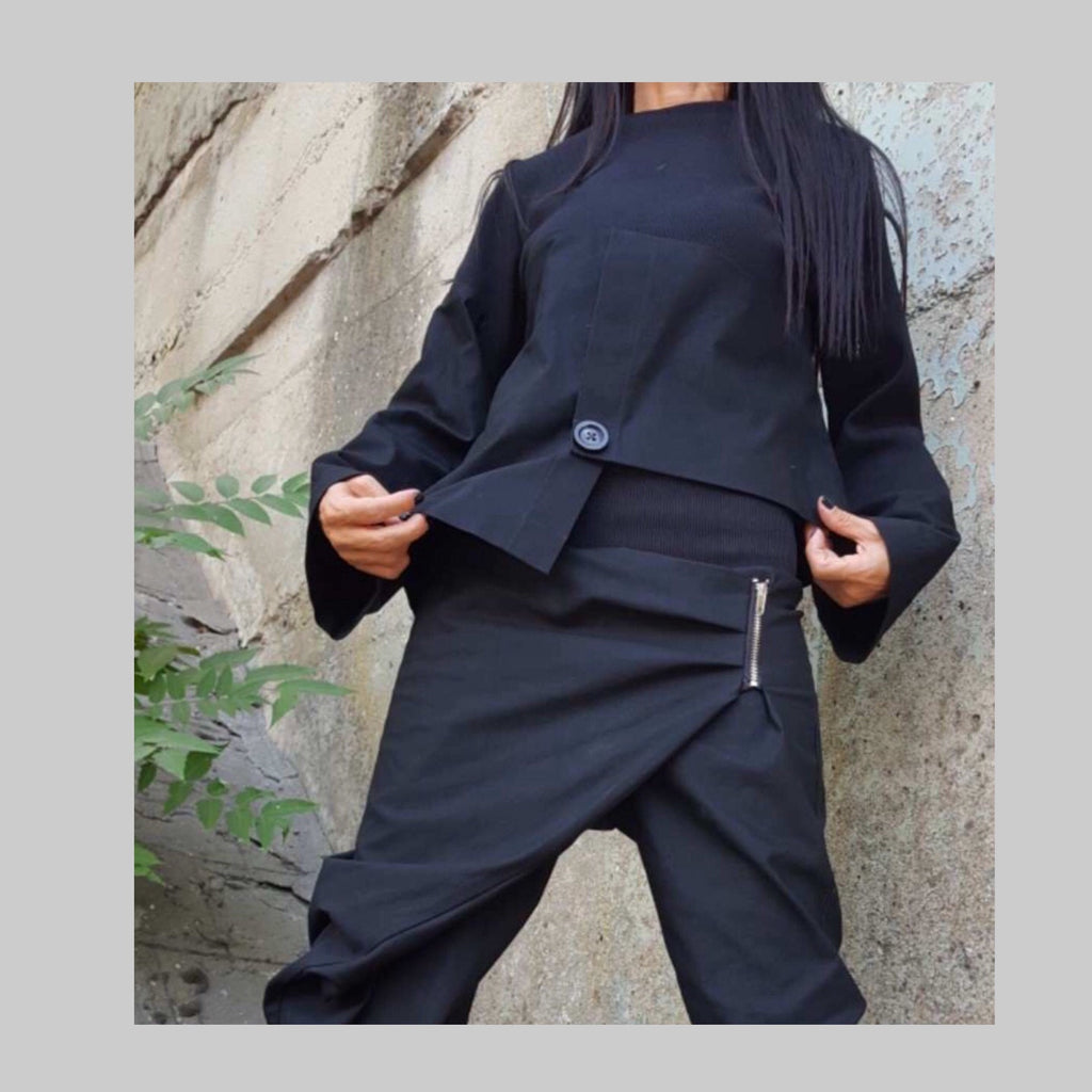 Black Asymmetric Two-Piece Set – Avant-Garde Women’s Outfit / Handmade Cotton Top & Drop Crotch Pants / Minimalist Modern Streetwear