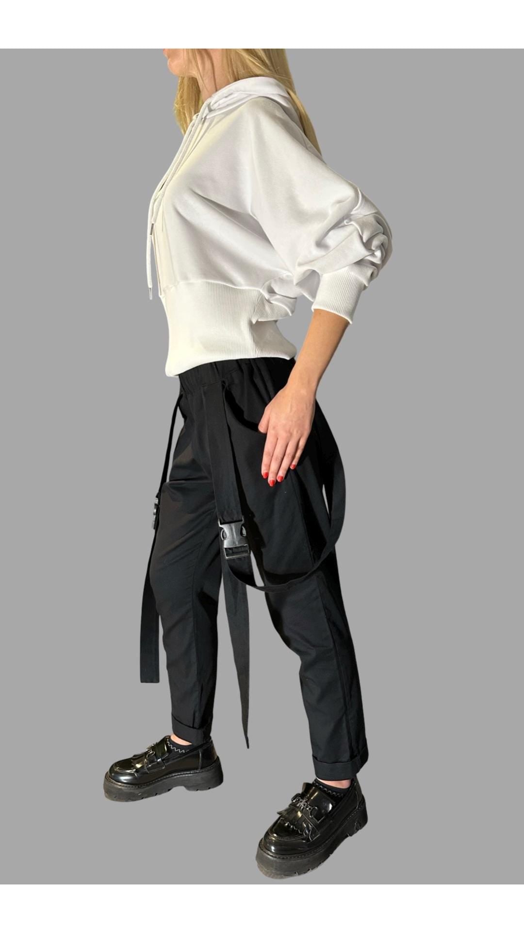 Women’s Black Casual Pants with Straps / Cotton Trousers with Elastic Waist and Buckles / Urban Everyday Pants