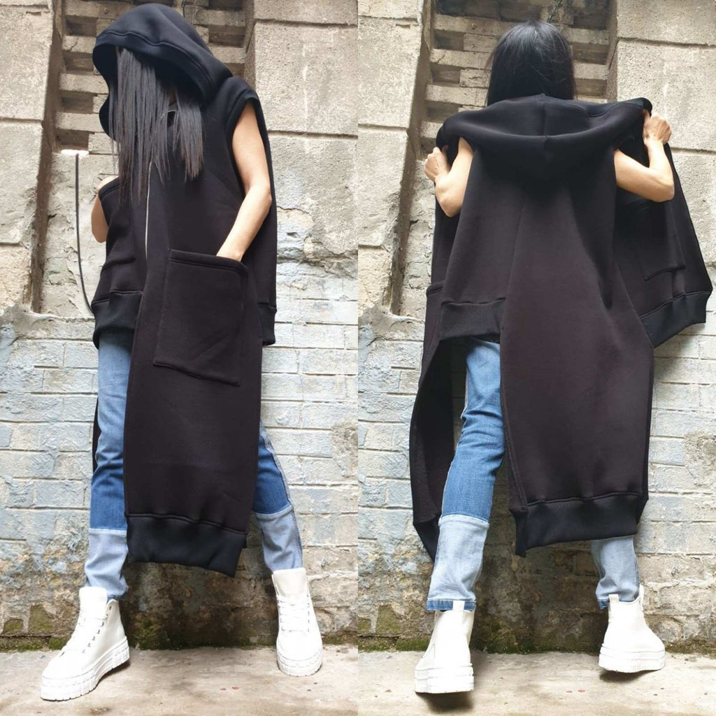 Asymmetric Hooded Vest – Long Sleeveless Fleece Coat with Zipper and Front Pockets