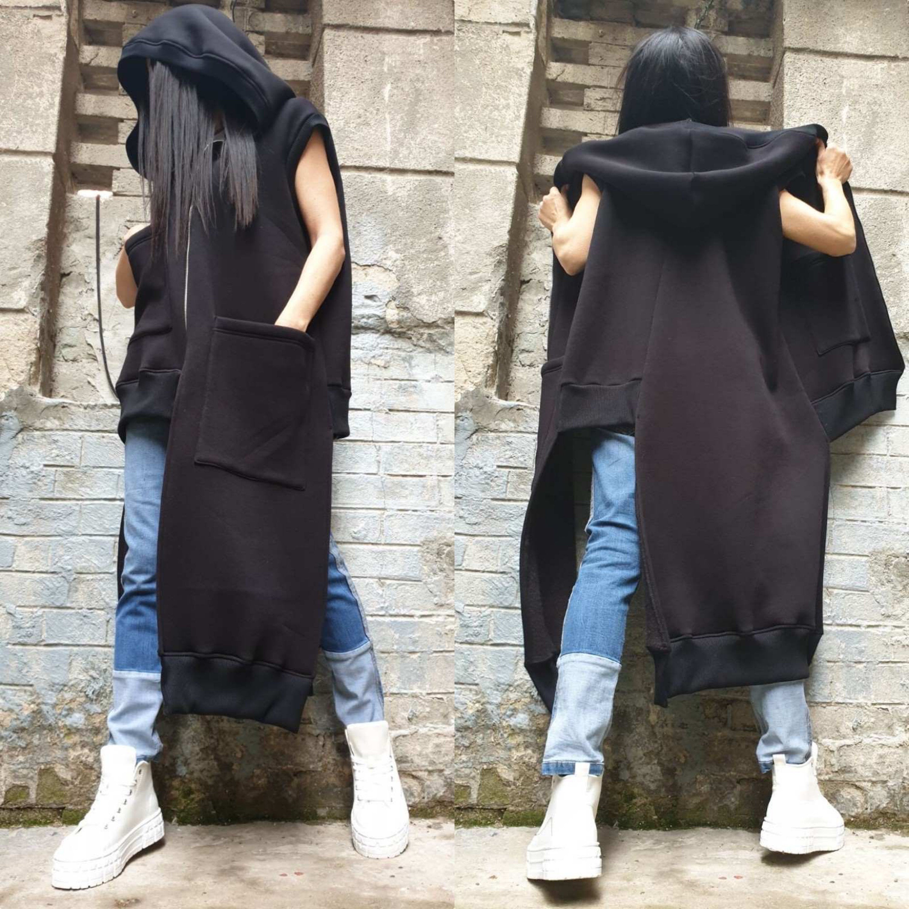Asymmetric Hooded Vest – Long Sleeveless Fleece Coat with Zipper and Front Pockets