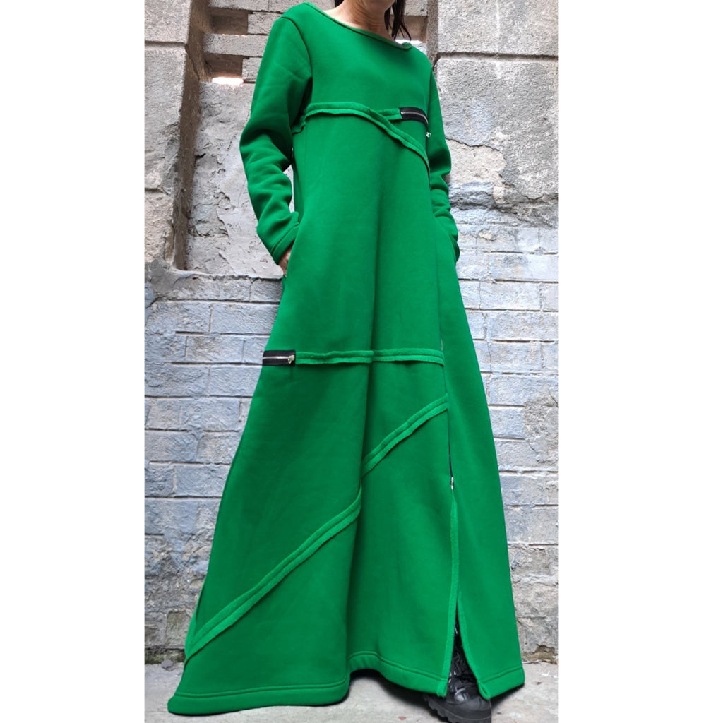 Winter Long Maxi Dress – Avant-Garde Asymmetric Warm Fleece Dress with Zippers / Green Three-Thread Cotton Sweatshirt Dress / Oversized Casu