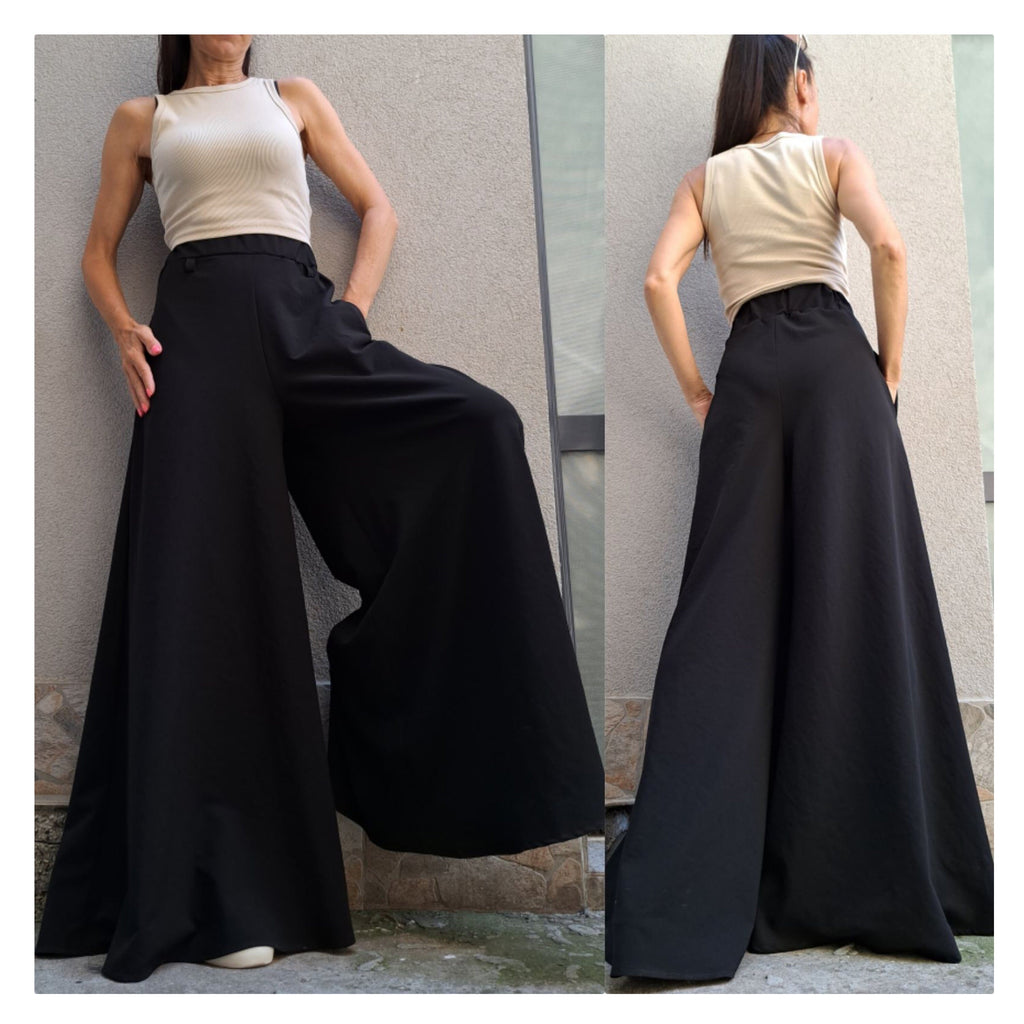 High Waist Wide Leg Pants – Elastic Waistband / Black Trousers with Side Stripe / Women’s Sporty Chic Pants with Pockets