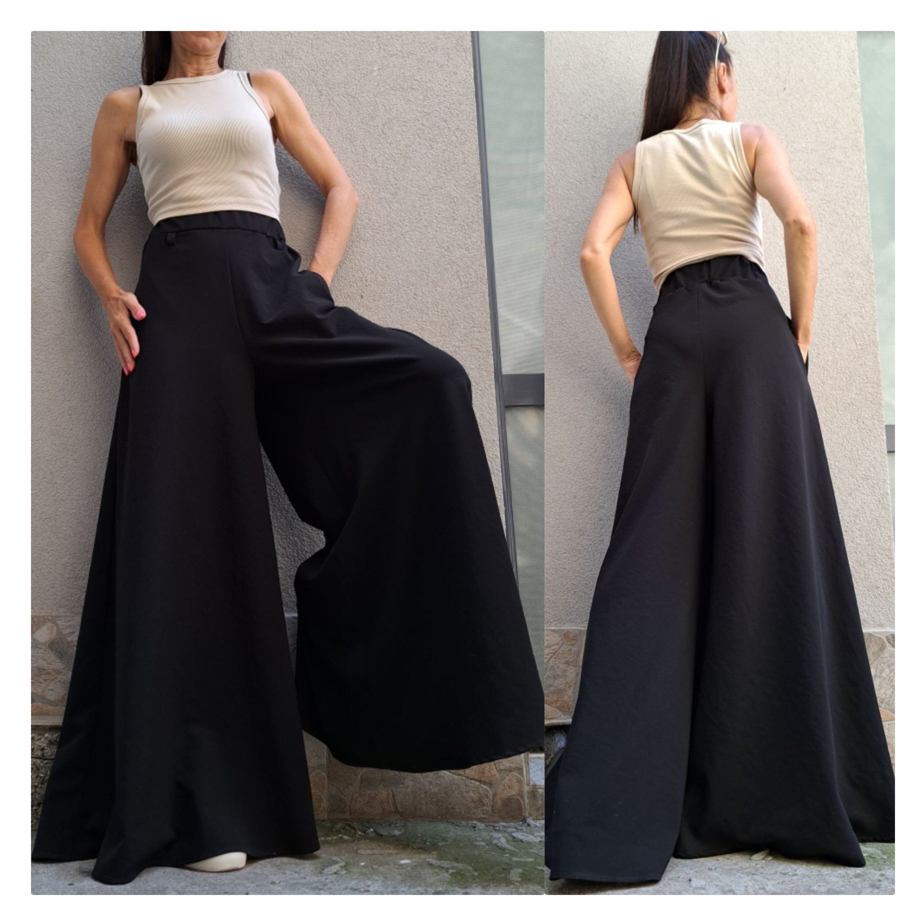 High Waist Wide Leg Pants – Elastic Waistband / Black Trousers with Side Stripe / Women’s Sporty Chic Pants with Pockets