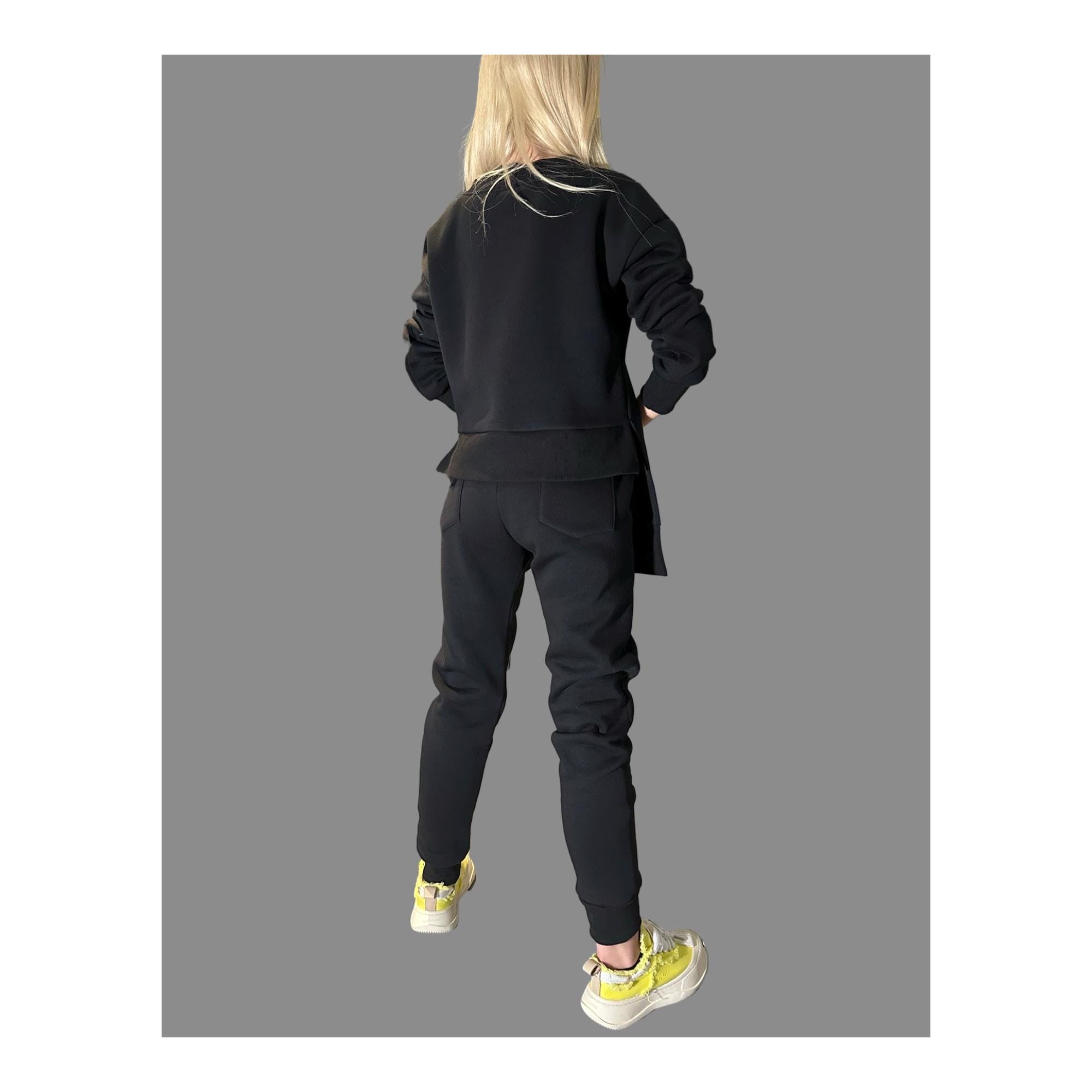 Women’s Winter Fleece Set – Asymmetric Sweatshirt & High-Waisted Joggers / Thick Three-Thread Cotton Tracksuit / Warm Black Two-Piece Outfit