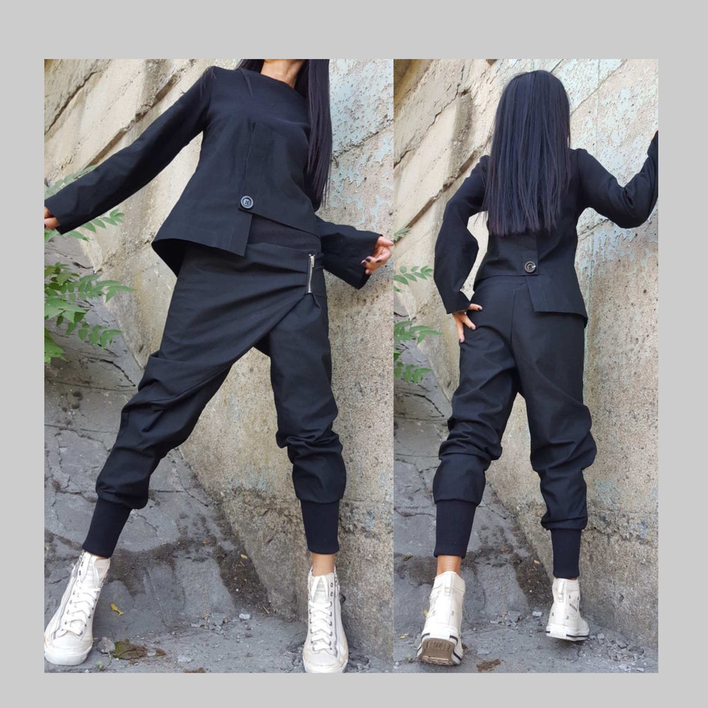 Black Asymmetric Two-Piece Set – Avant-Garde Women’s Outfit / Handmade Cotton Top & Drop Crotch Pants / Minimalist Modern Streetwear