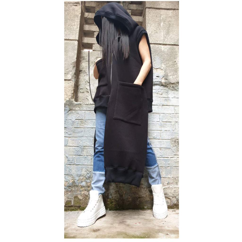 Asymmetric Hooded Vest – Long Sleeveless Fleece Coat with Zipper and Front Pockets
