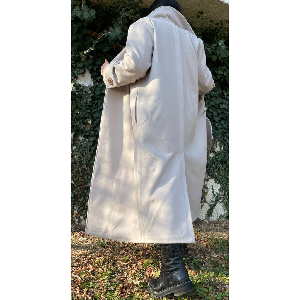 Oversized Wool Blend Coat – Long Lined Beige Overcoat with Asymmetric Button Closure