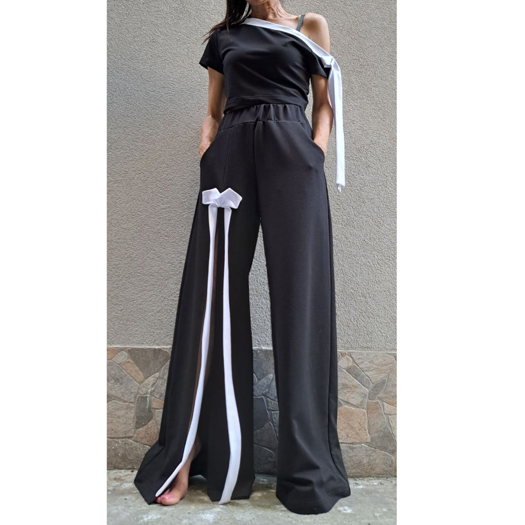 Asymmetric Black Cotton Set with Bow Detail – One Shoulder Top & High Waist Wide Leg Pants