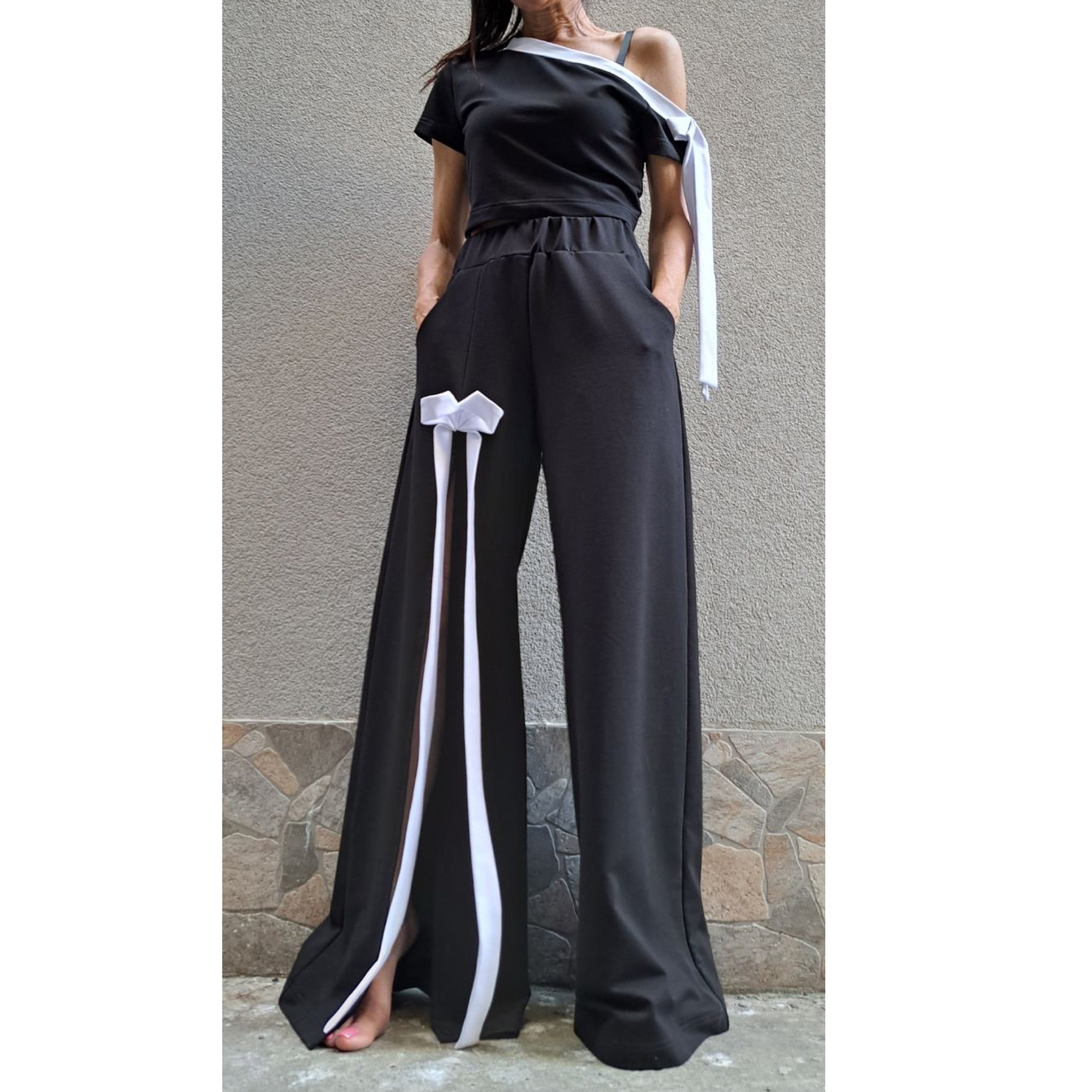 Asymmetric Black Cotton Set with Bow Detail – One Shoulder Top & High Waist Wide Leg Pants