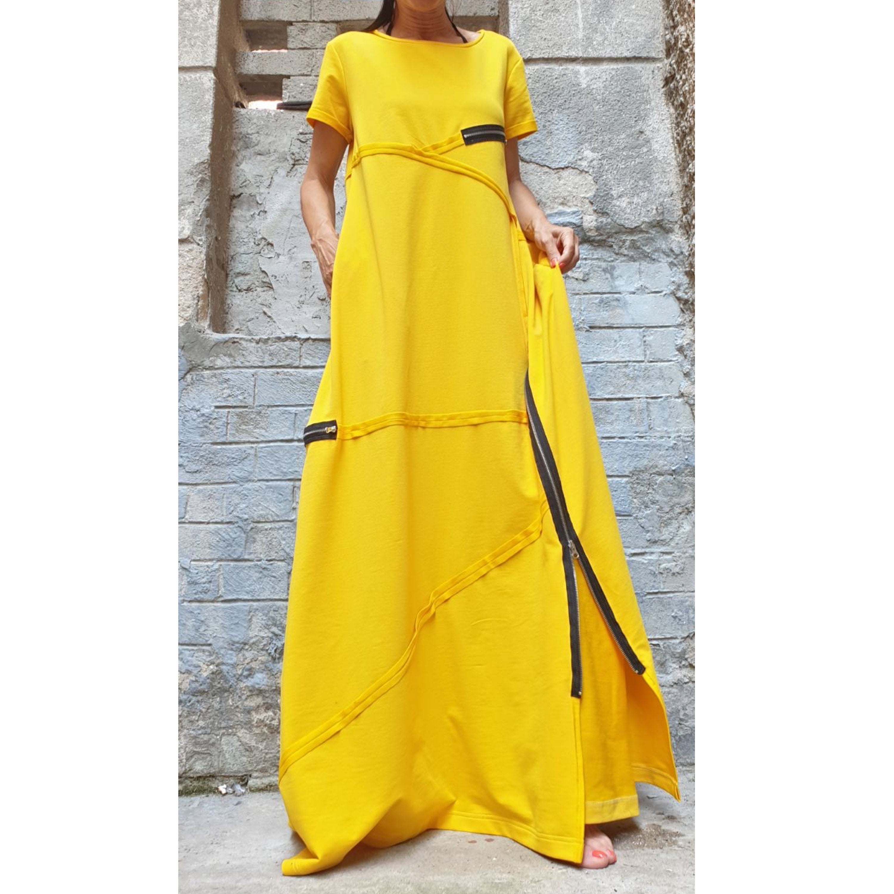 Yellow Maxi Dress – Loose Cotton Dress with Zippers / Short Sleeve Avantgarde Dress / Oversized Summer Dress / Designer Long Dress