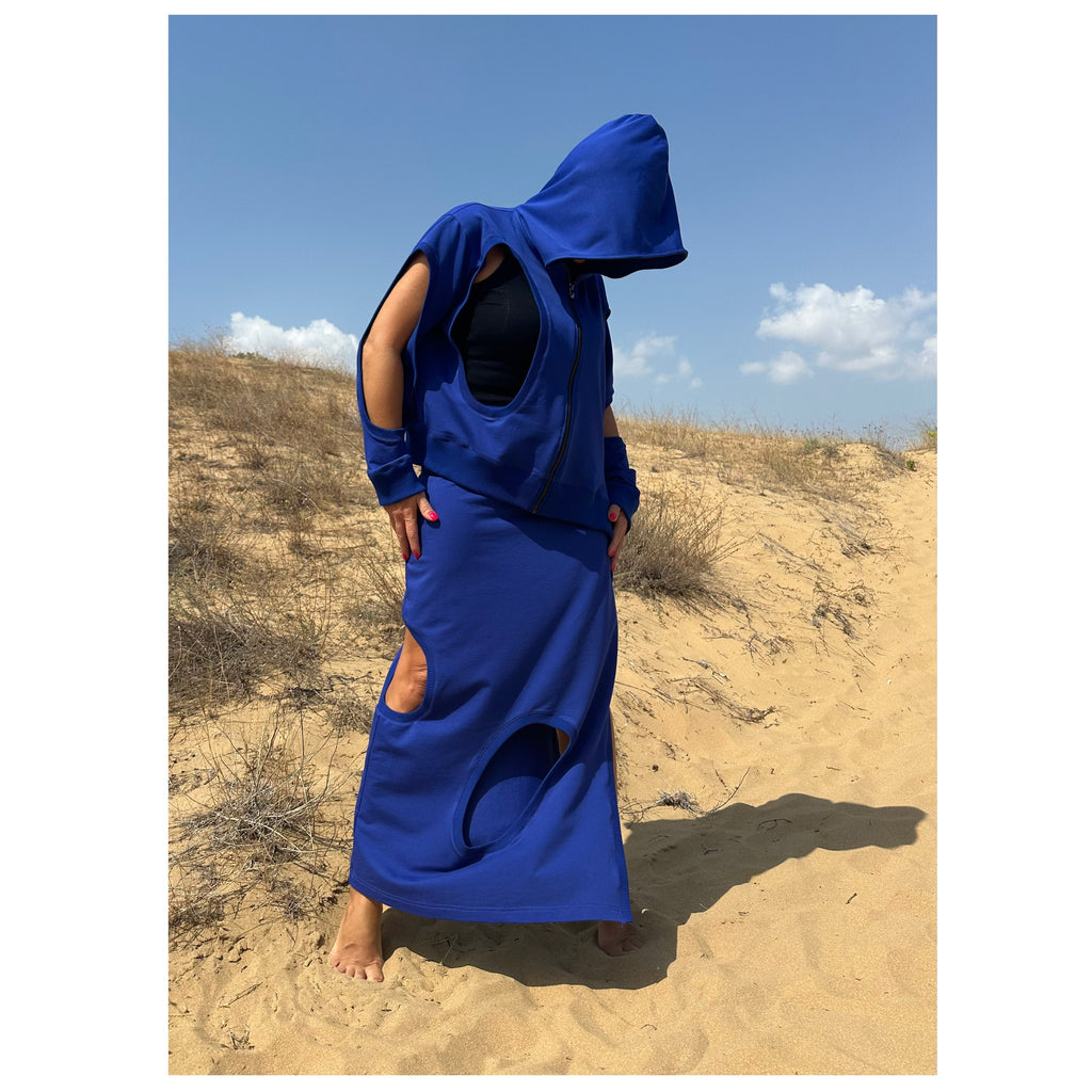 Asymmetric Cut-Out Skirt and Hoodie Set / Handmade Cotton Two-Piece Outfit / Avantgarde Streetwear