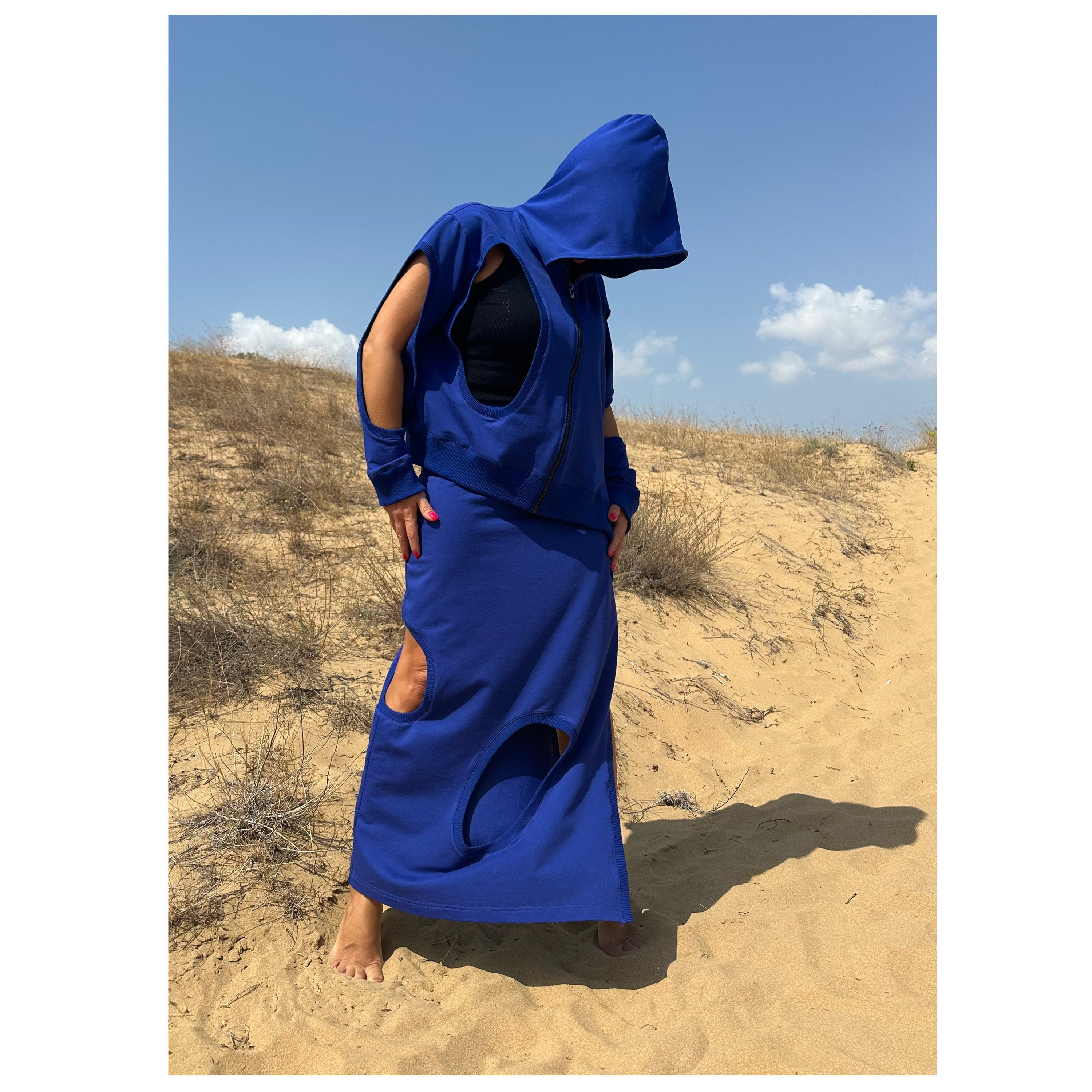 Asymmetric Cut-Out Skirt and Hoodie Set / Handmade Cotton Two-Piece Outfit / Avantgarde Streetwear