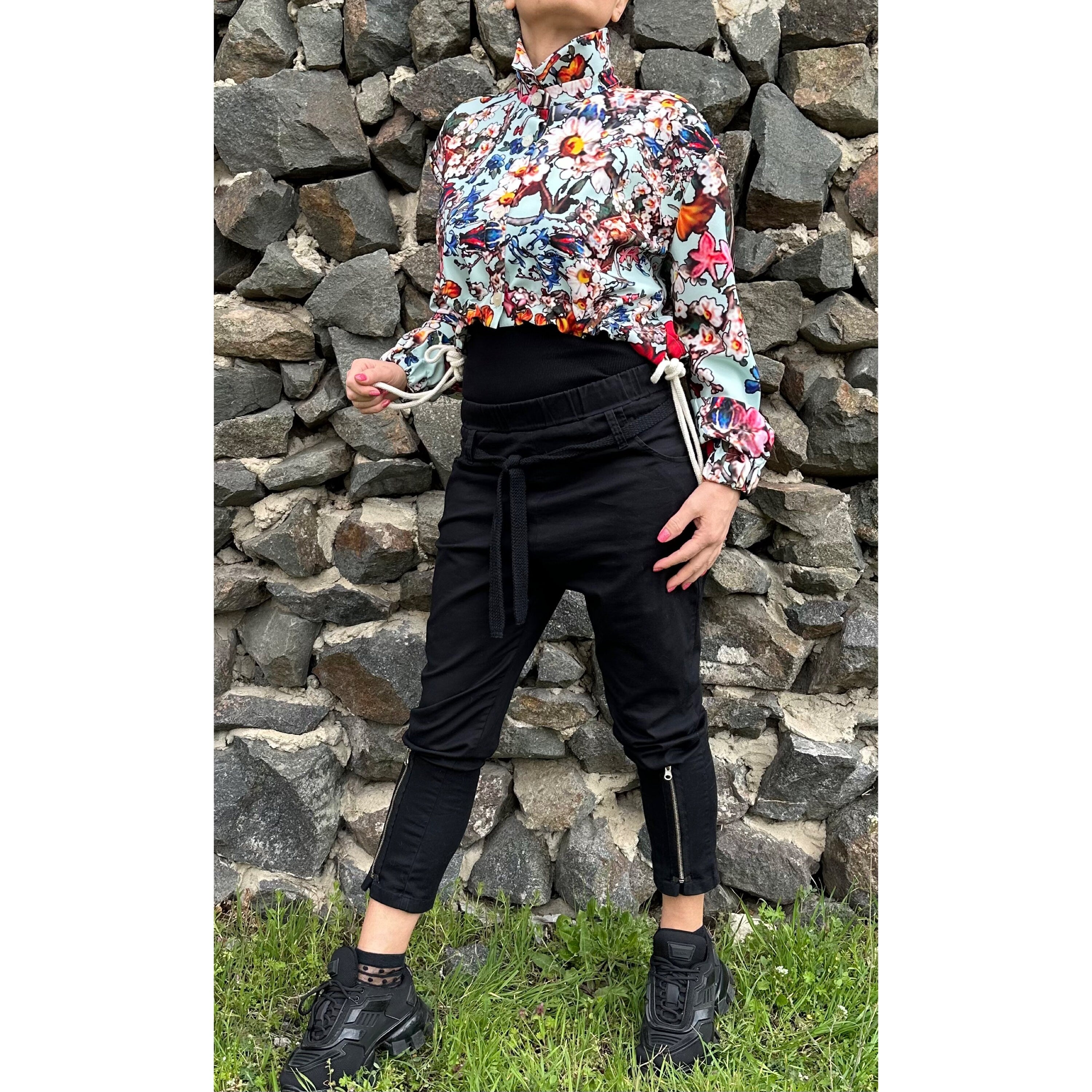 Colourful Neoprene Blouse: Asymmetric Button-Up Top