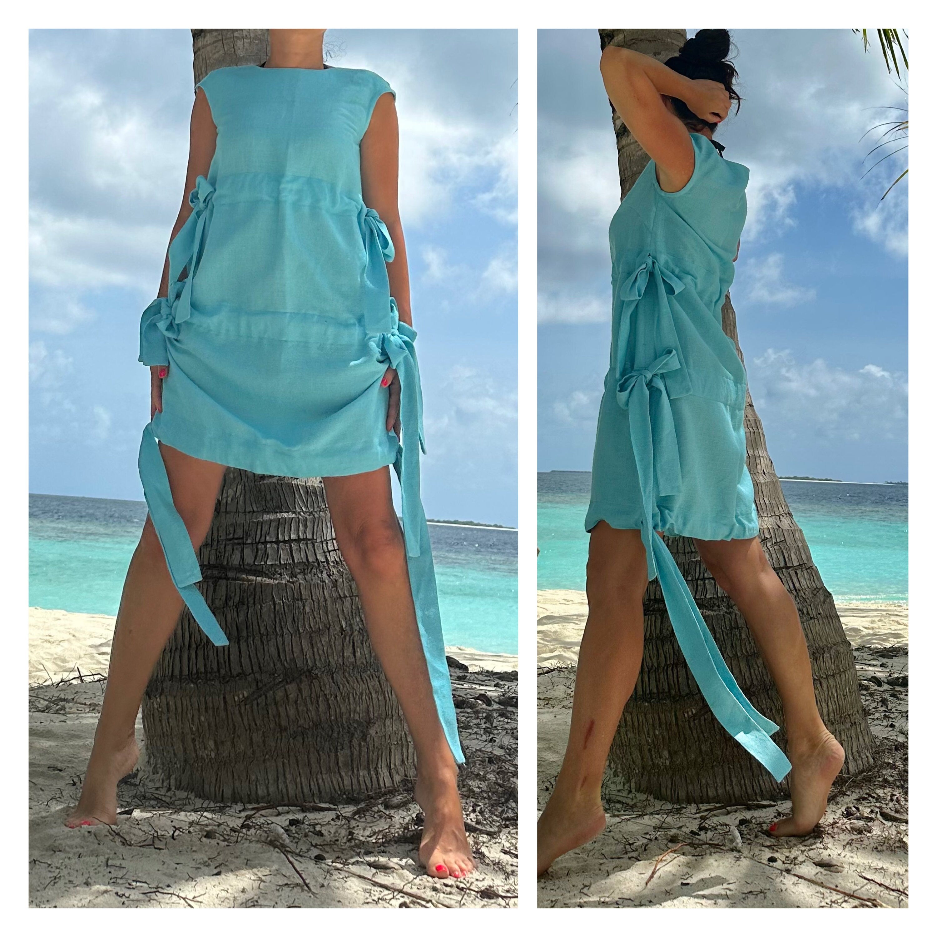 Women’s Light Blue Linen Dress – Sleeveless Summer Tunic with Side Ties / Beachwear Resort