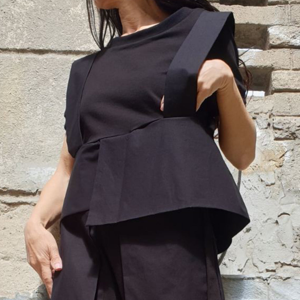 Asymmetric Black Cotton Top with Strap Detail – Avant-Garde Short Sleeve Blouse