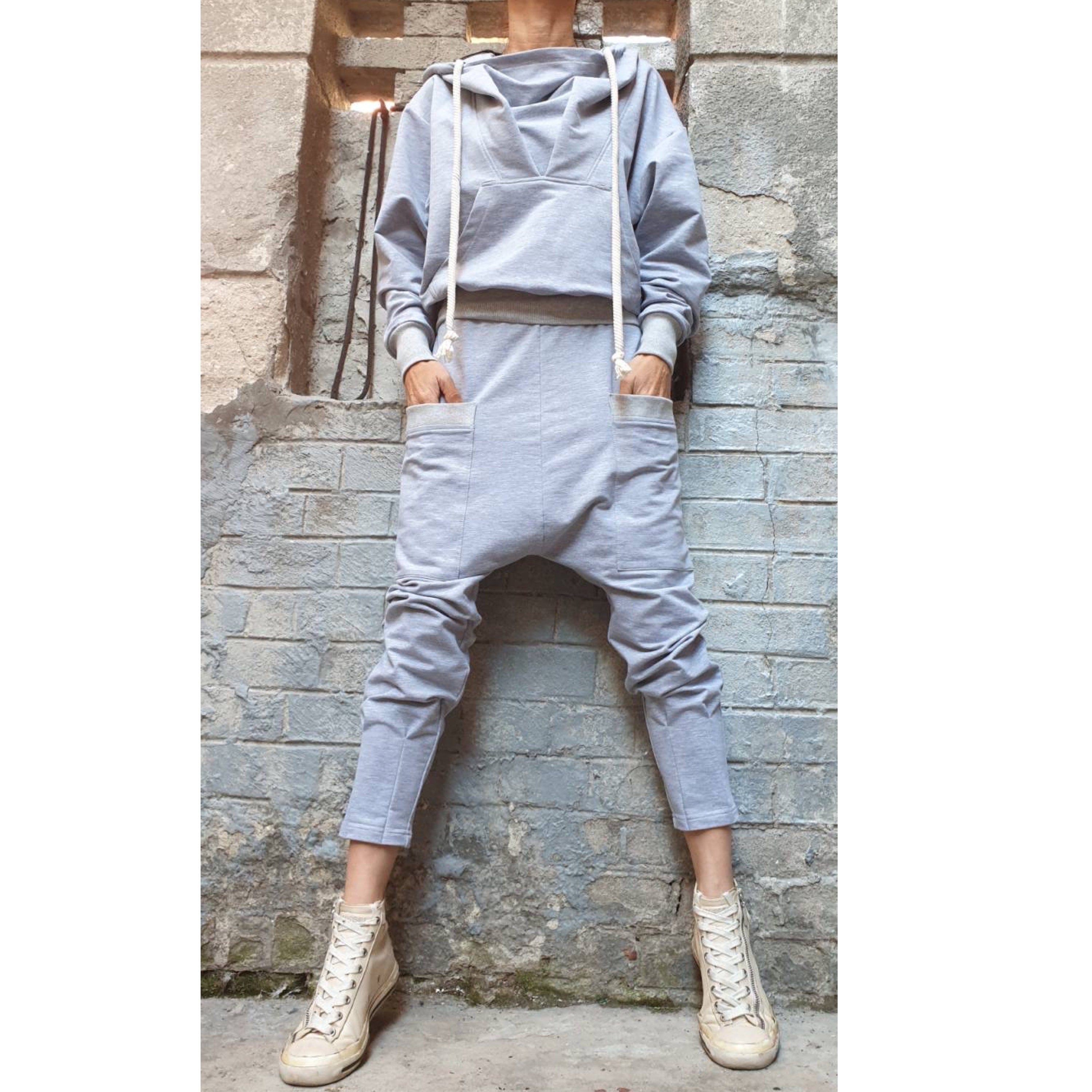Grey Cotton Tracksuit Set – Women’s Hoodie & Drop-Crotch Harem Pants / Minimalist Streetwear Two-Piece / XS–5XL