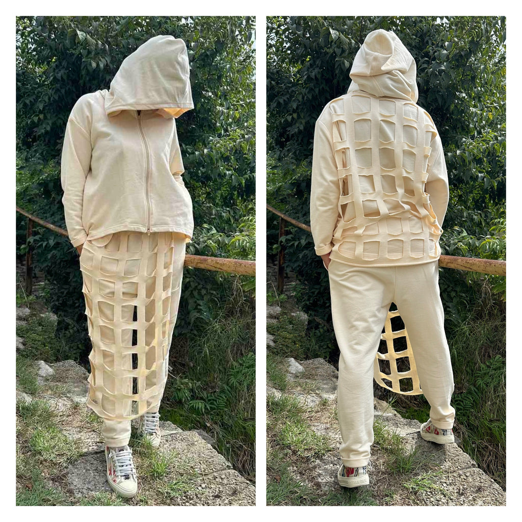 Cream Cotton Cut-Out Hoodie – Zip-Up Hooded Top with Side Pockets