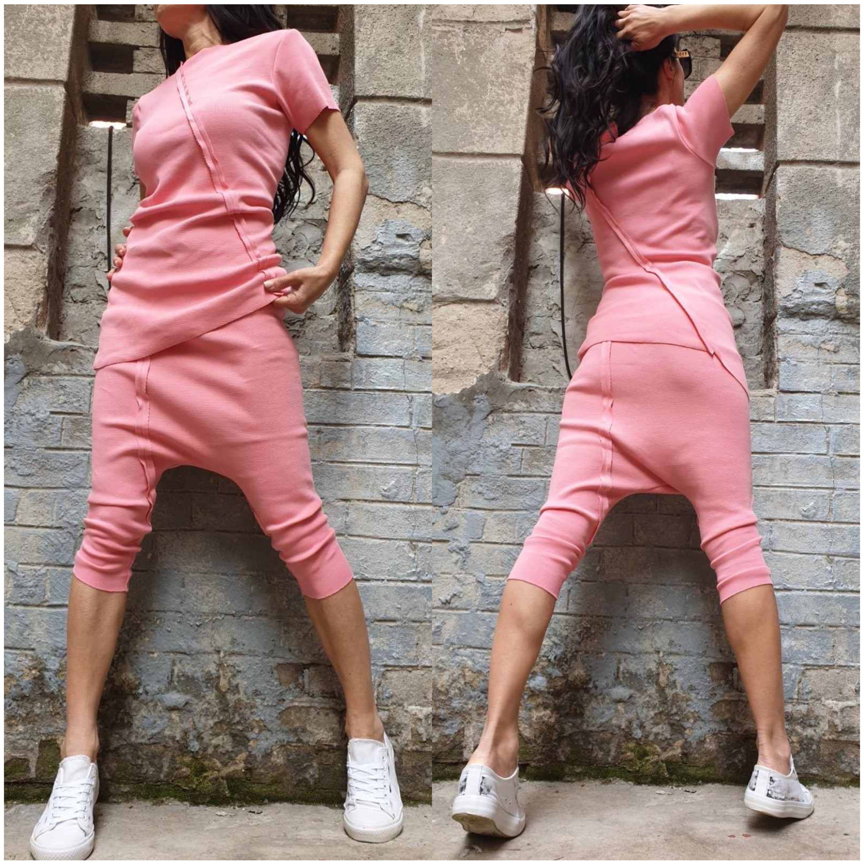 Designer Pink Summer Two Piece Set – Asymmetric Top & Harem Pants / Comfortable Urban Outfit