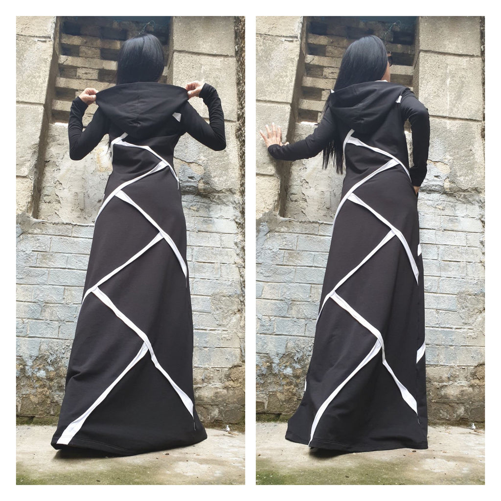 Black Hooded Maxi Dress – Asymmetric Cotton Dress with White Trim / Long Sleeve Avant-Garde Dress with Pockets / Cotton Blend Fleece  XS–5X