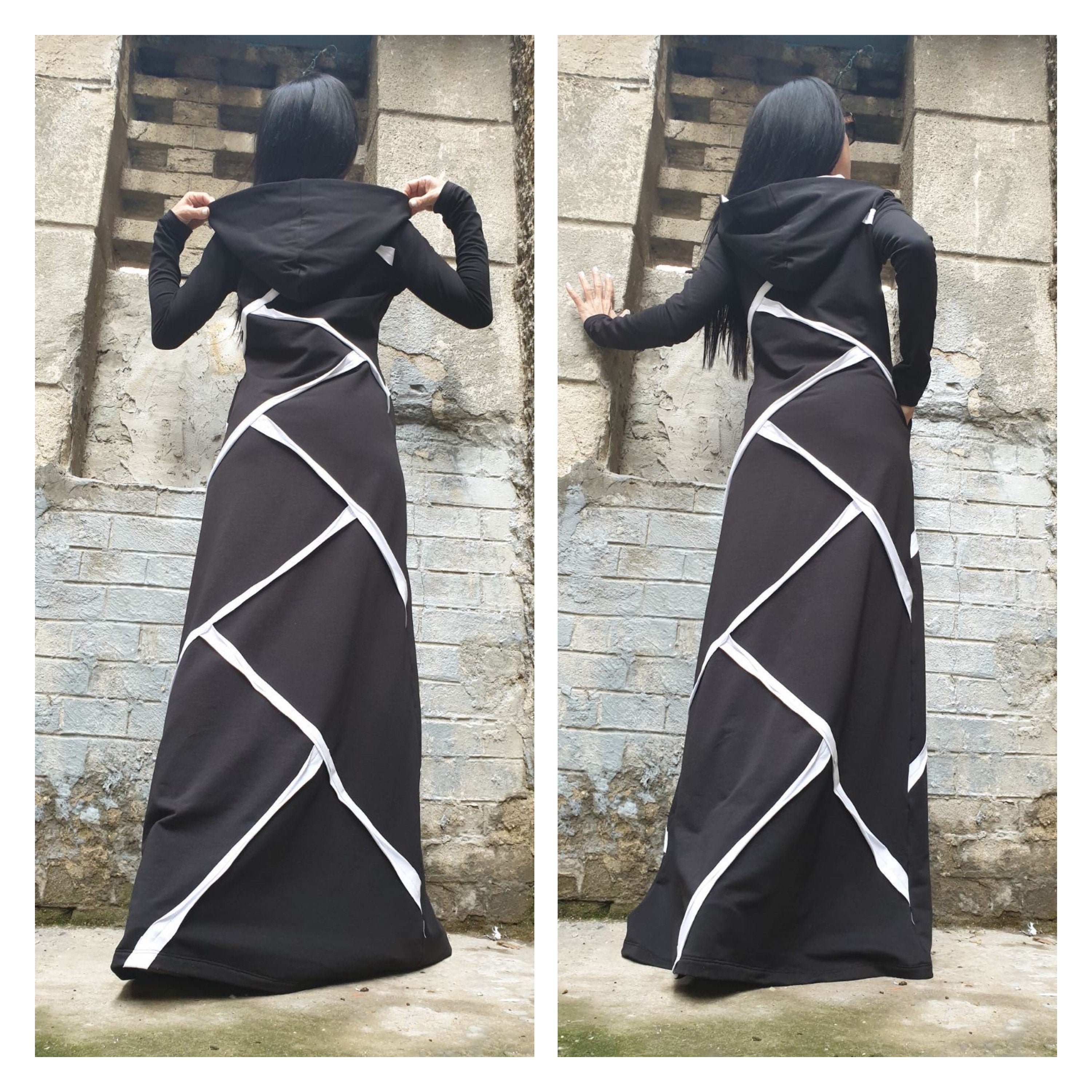 Black Hooded Maxi Dress – Asymmetric Cotton Dress with White Trim / Long Sleeve Avant-Garde Dress with Pockets / Cotton Blend Fleece  XS–5X