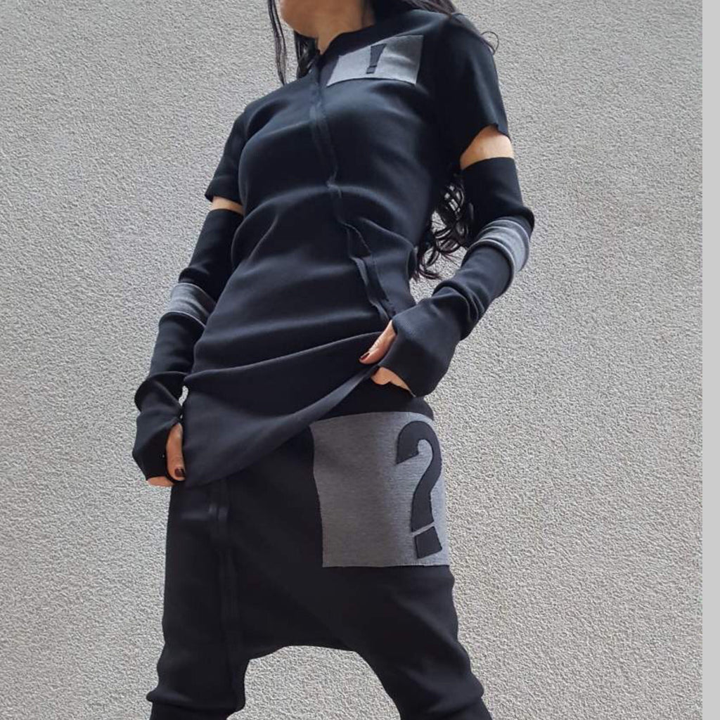 Black Cotton Rib Knit Tracksuit Set – Asymmetric Top with Separate Sleeves & Drop Crotch Pants
