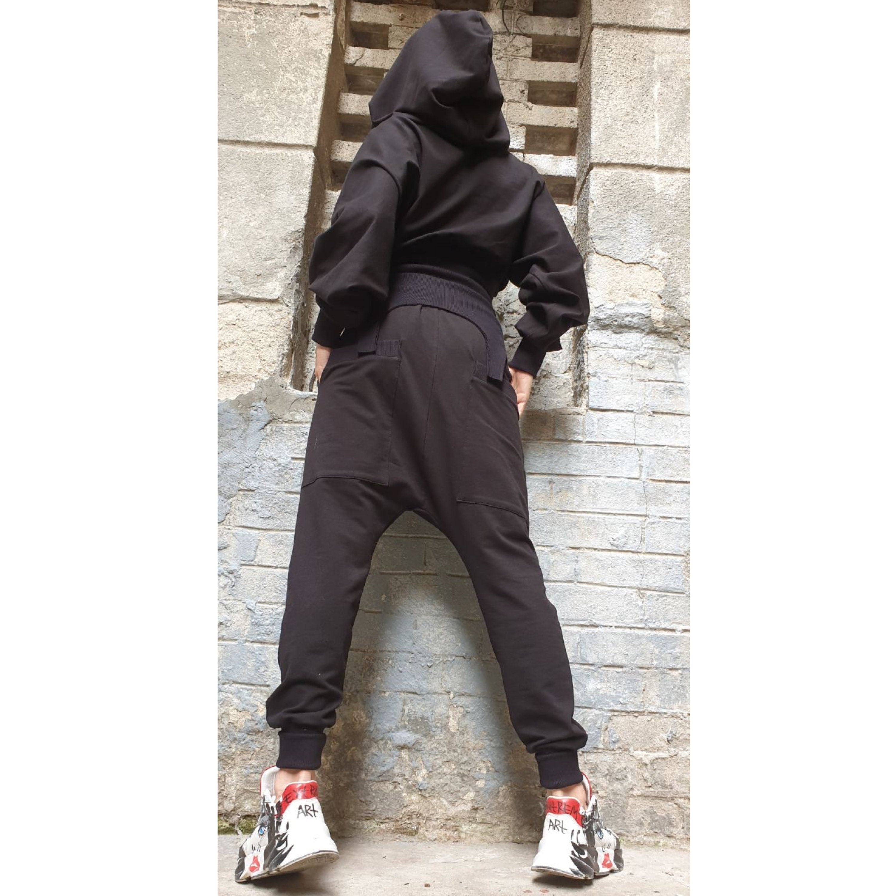 Black Cotton Tracksuit Set – Asymmetric Hoodie with Ribbed Detail & Harem Pants / Two-Piece Fleece Outfit XS–5XL