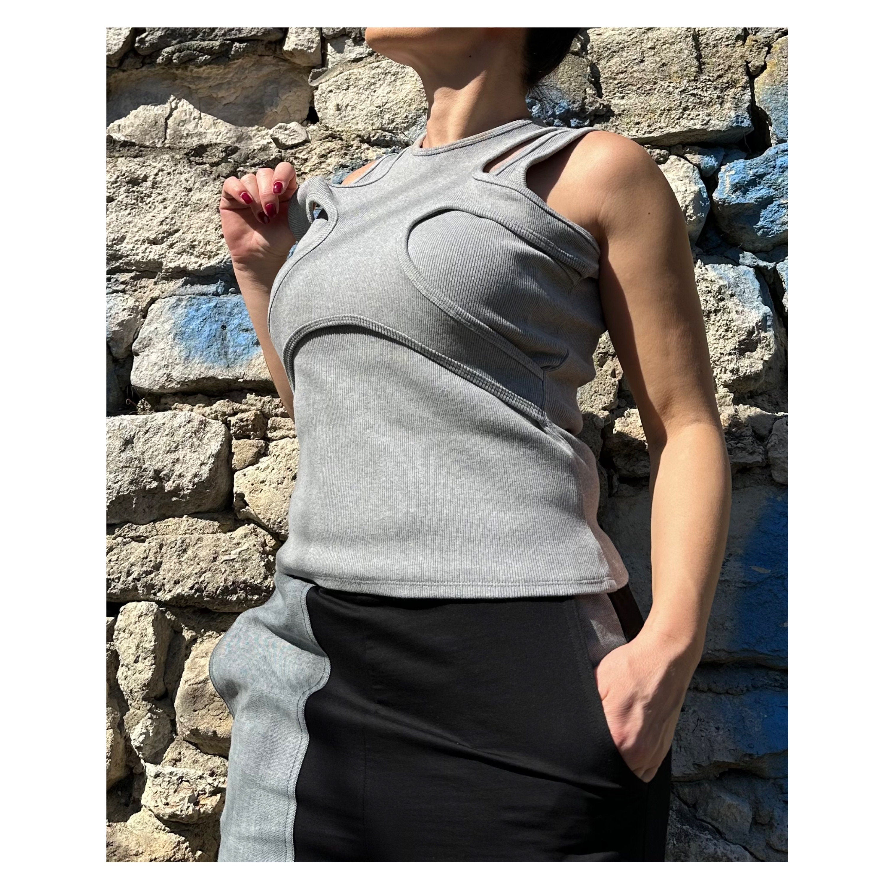 Grey Asymmetric Cotton Tank Top: Extravagant Sleeveless Blouse