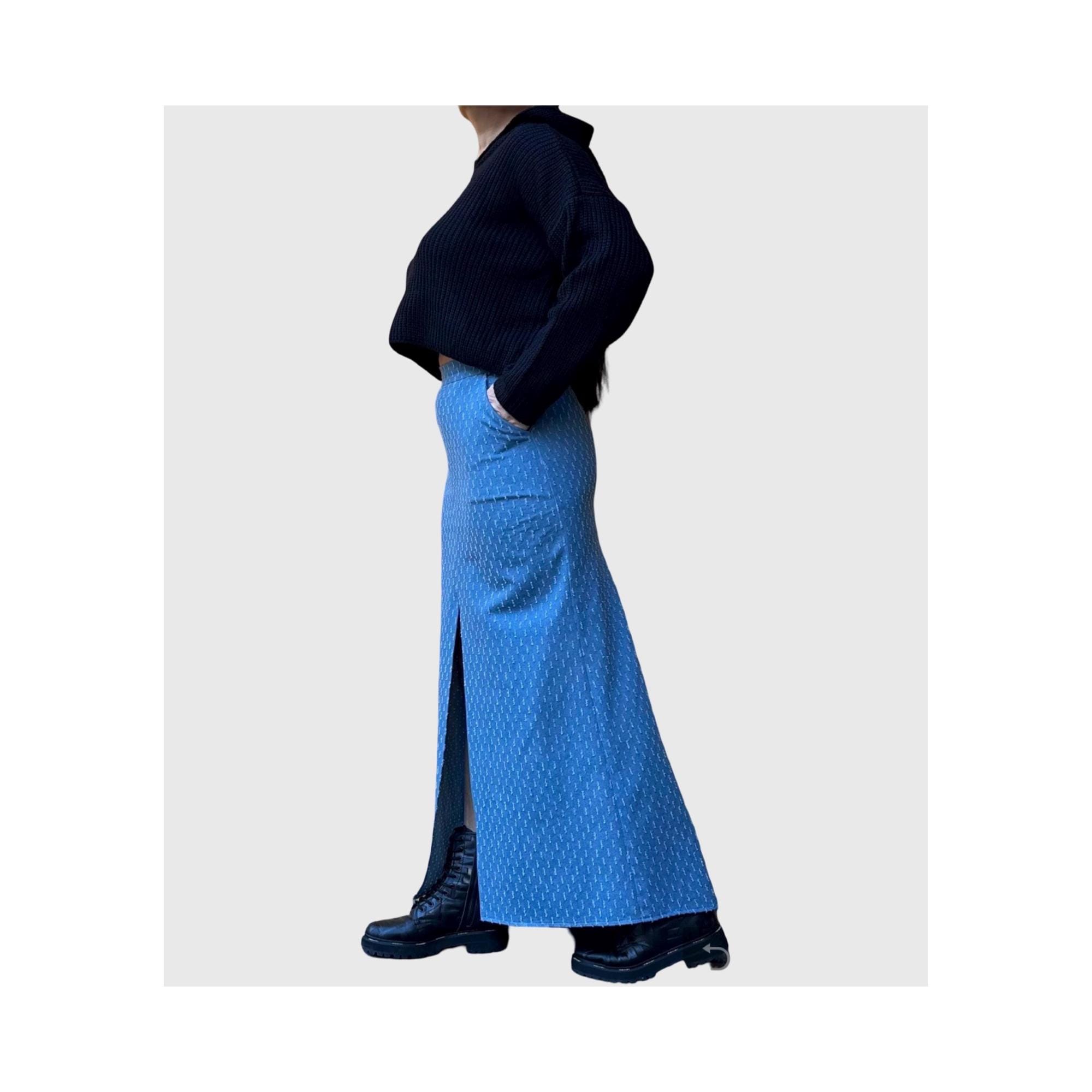 Avant-Garde High Waist Denim Maxi Skirt with Asymmetrical Back Hem
