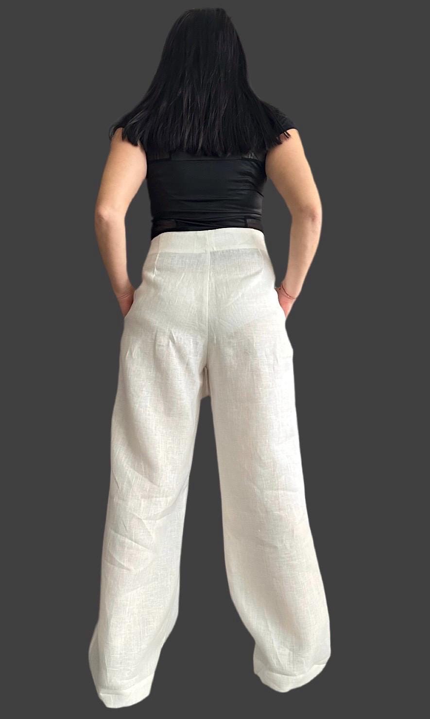 Linen Wide Leg Pants / Asymmetric High Waist Summer Trousers