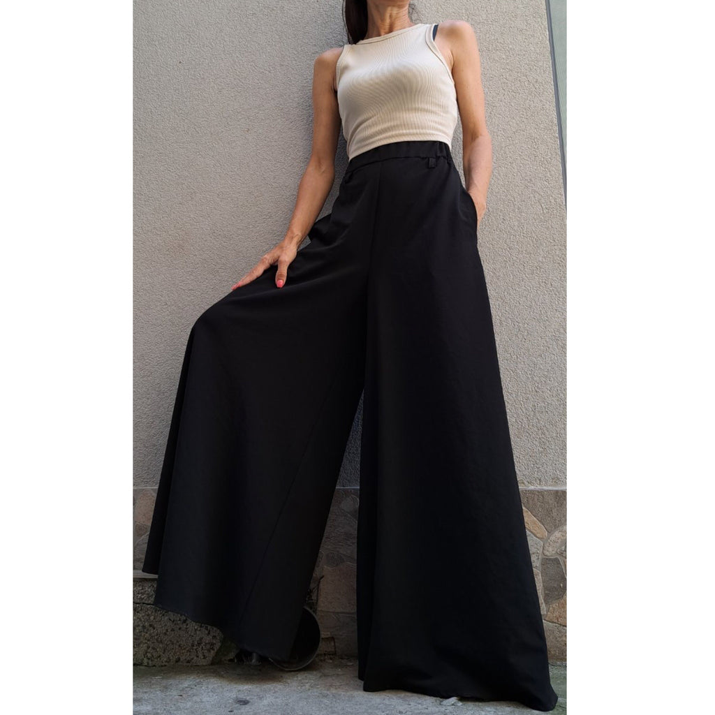High Waist Wide Leg Pants – Elastic Waistband / Black Trousers with Side Stripe / Women’s Sporty Chic Pants with Pockets