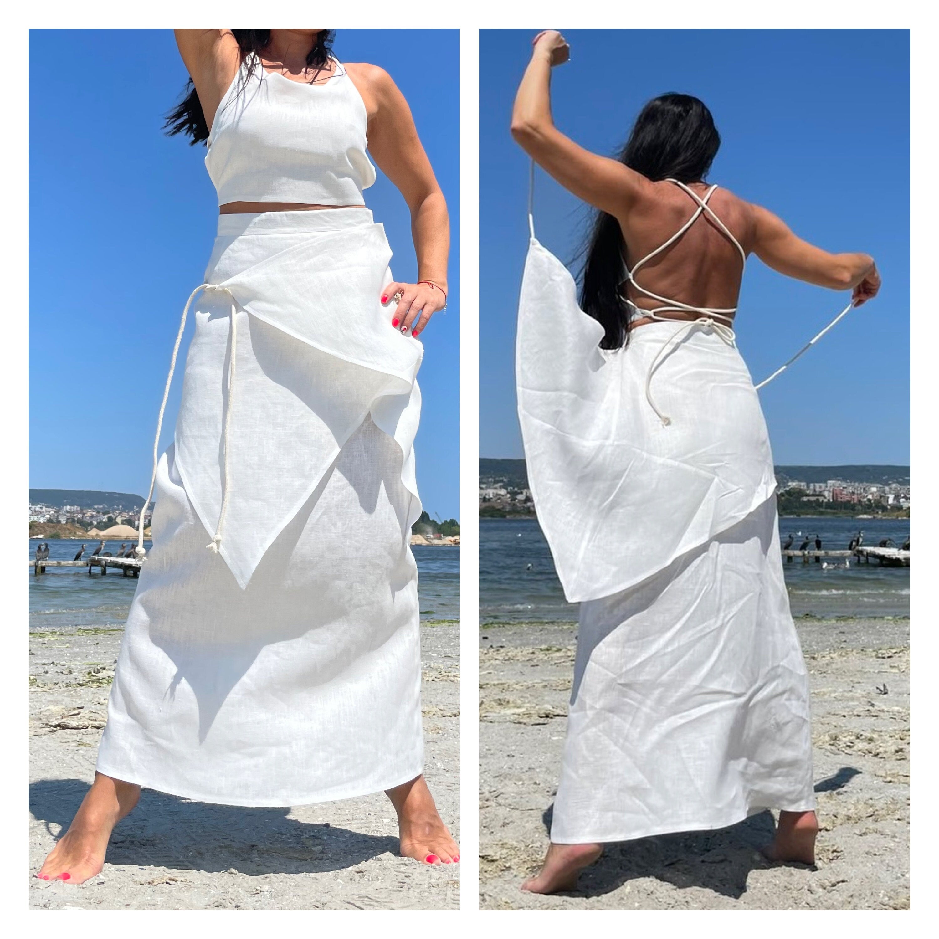 Asymmetrical High-Waisted White Linen Skirt with Wrap Tie Panels – Handmade Minimalist Summer Skirt