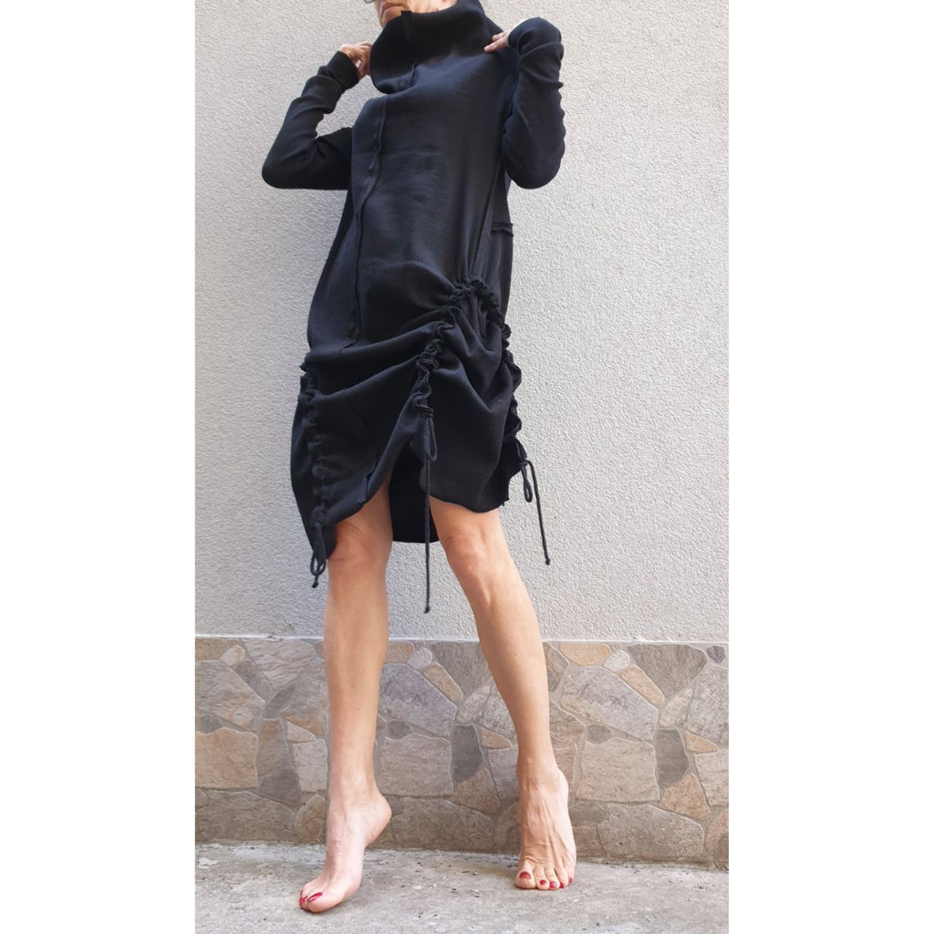 Black Asymmetric Tunic Dress – Long Sleeve High Collar Cotton Rib Dress with Adjustable Drawstrings / XS–5XL