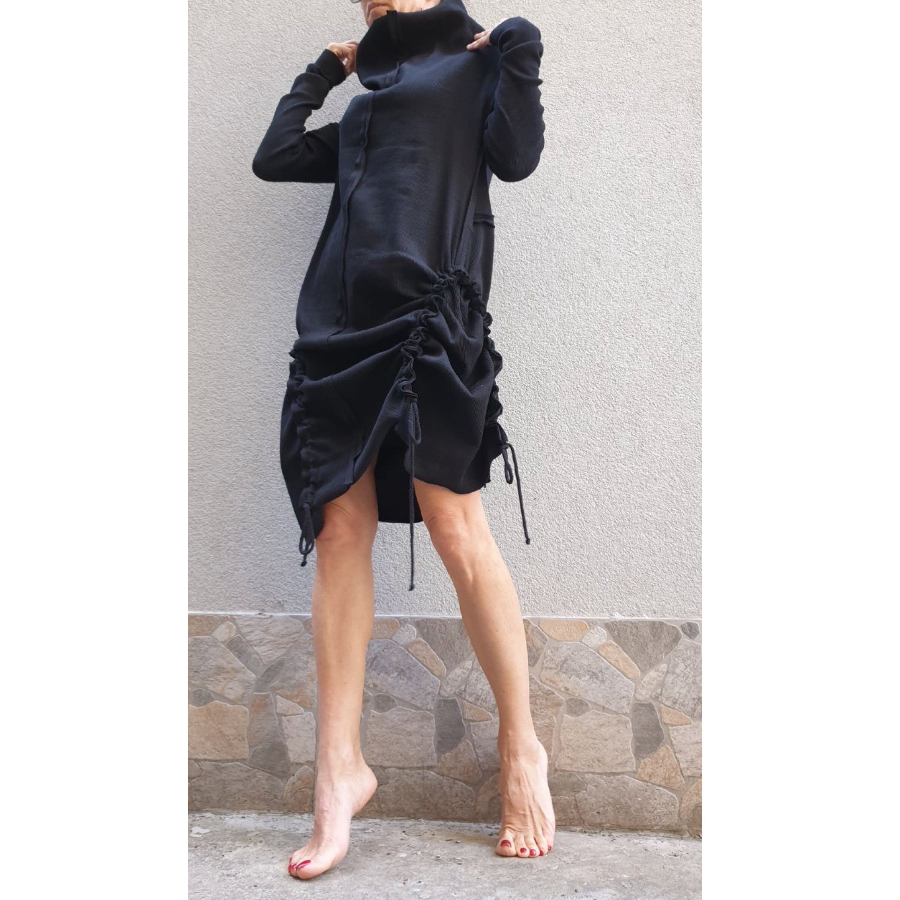 Black Asymmetric Tunic Dress – Long Sleeve High Collar Cotton Rib Dress with Adjustable Drawstrings / XS–5XL