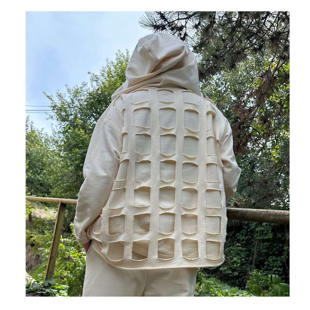 Cream Cotton Cut-Out Hoodie – Zip-Up Hooded Top with Side Pockets
